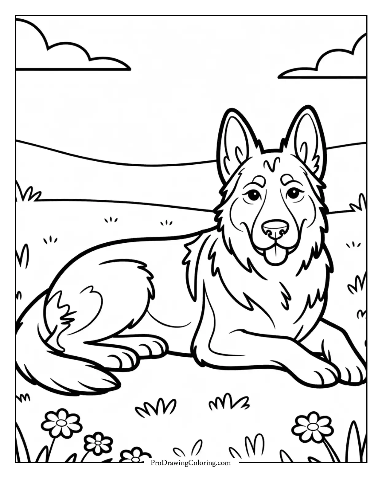 relaxed german shepherd coloring sheet Free coloring sheet showing a German Shepherd lying down peacefully, perfect for calm coloring time