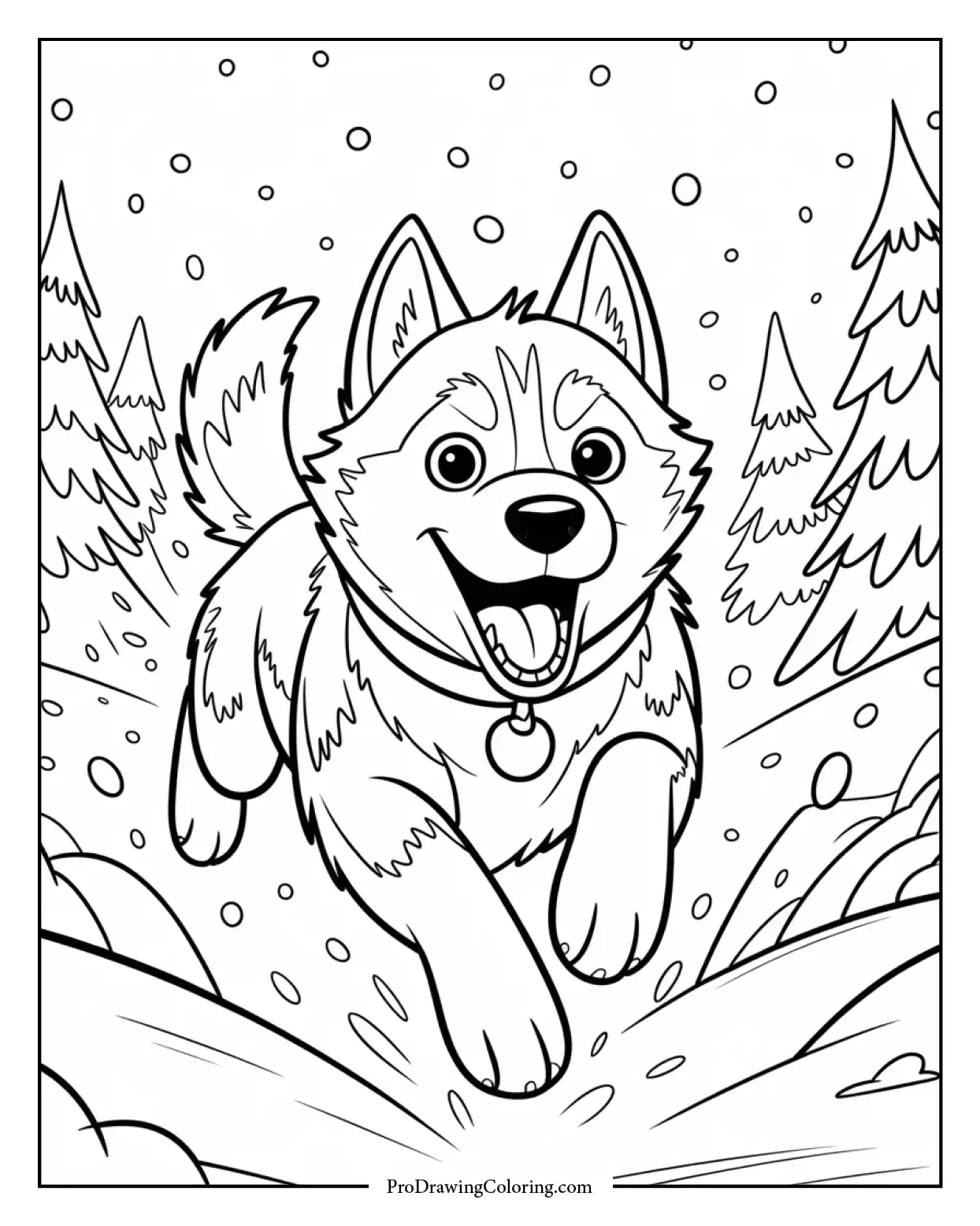 running husky dog coloring page Energetic husky dashing through a snowy landscape, an engaging coloring sheet for dynamic scenes