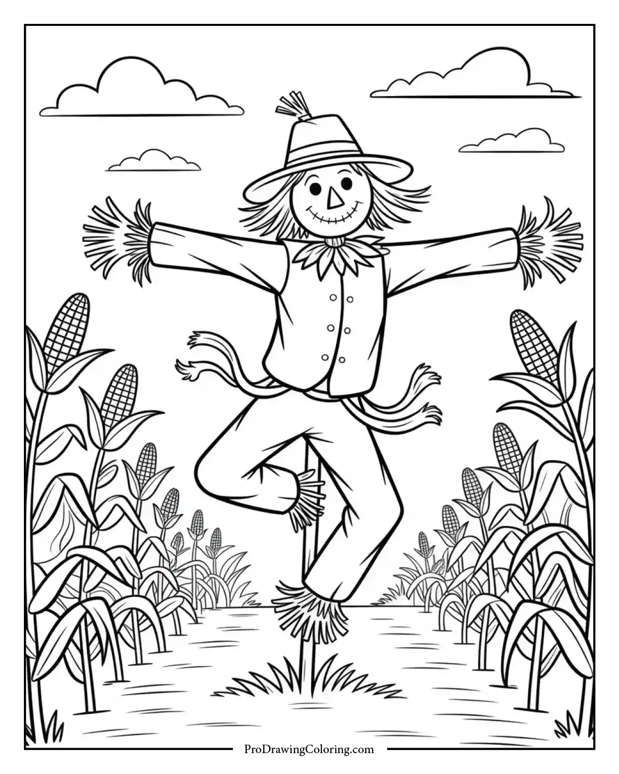 Creative fall coloring design with scarecrow dancing in the wind surrounded by corn stalks.