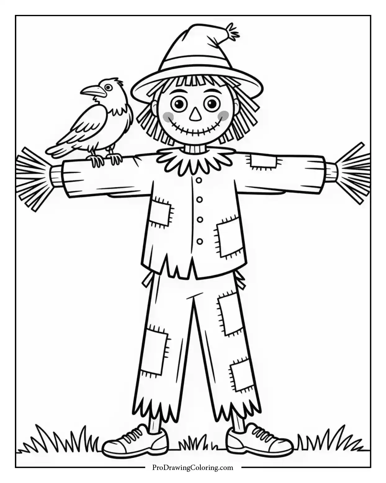 Charming autumn-themed coloring page showing scarecrow with patchy clothes and crow on shoulder.