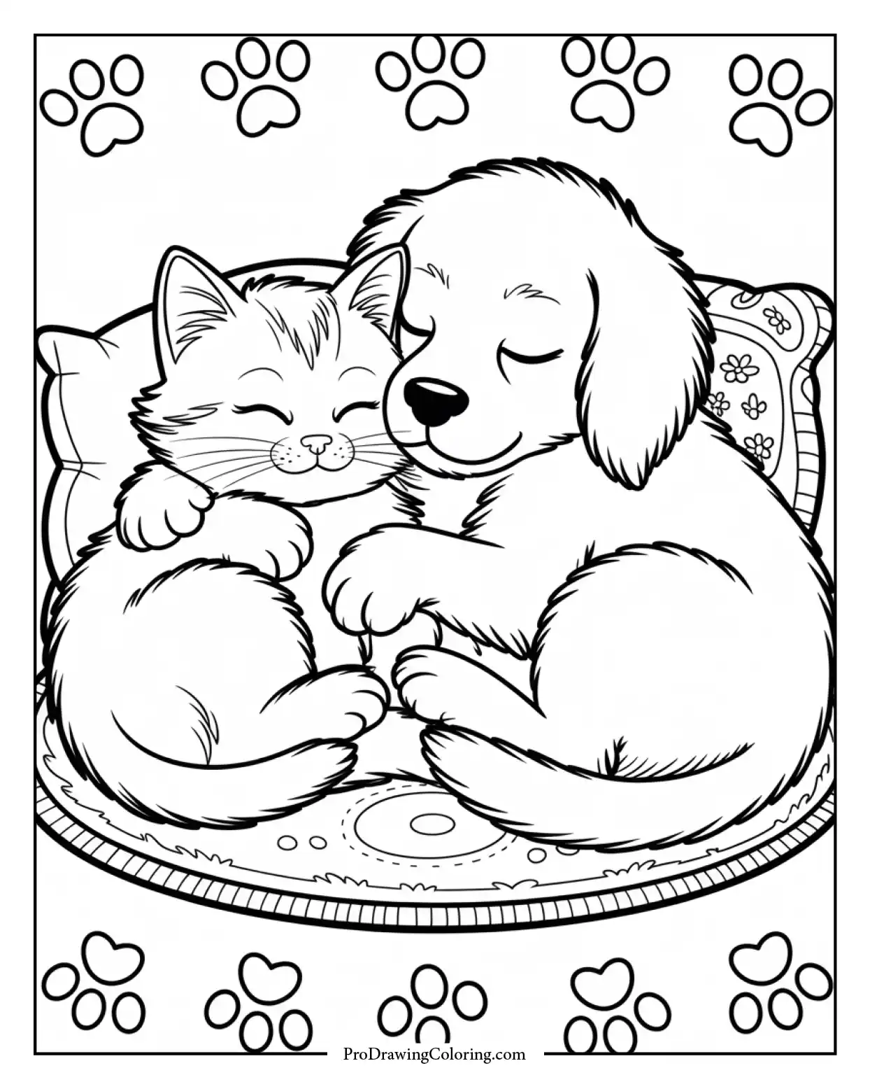 sleeping cat and dog coloring sheet Free coloring sheet of a cat and dog sleeping peacefully side by side, calm and adorable illustration