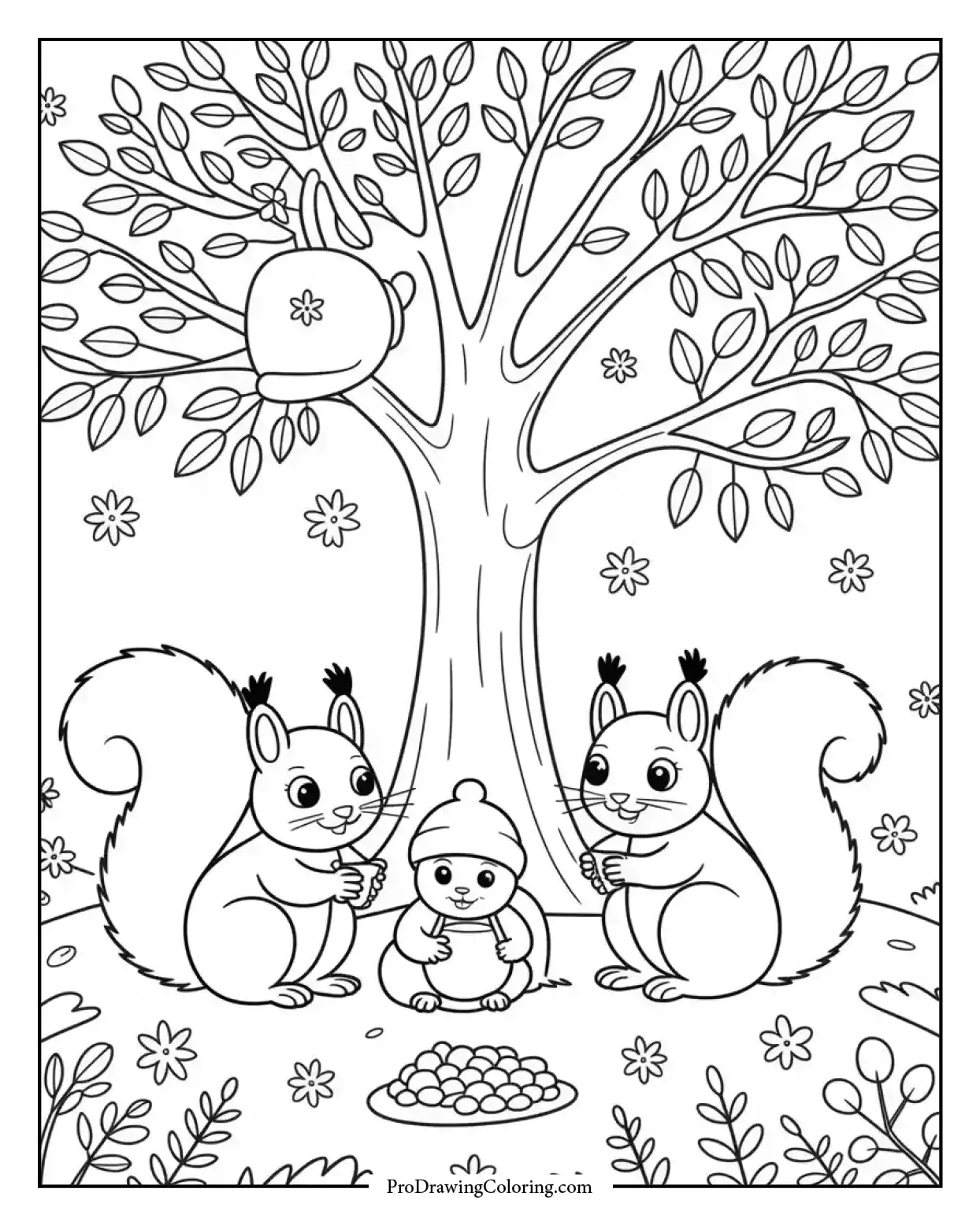 Fall coloring artwork of squirrel family preparing for winter under autumn tree.
