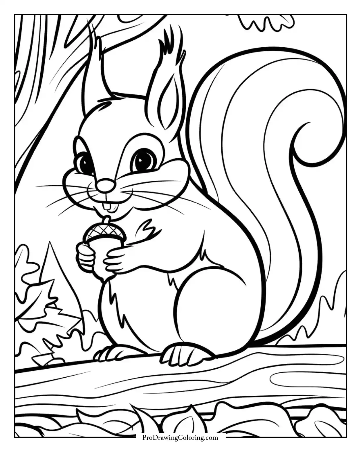 Creative fall coloring design with squirrel holding an acorn near a pile of leaves.