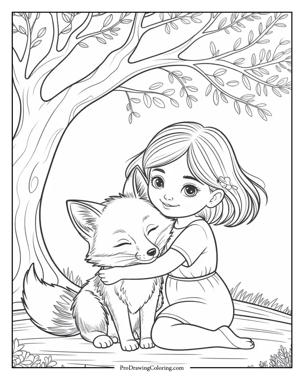 Joyful autumn-themed art with sweet girl hugging a fox under golden tree.