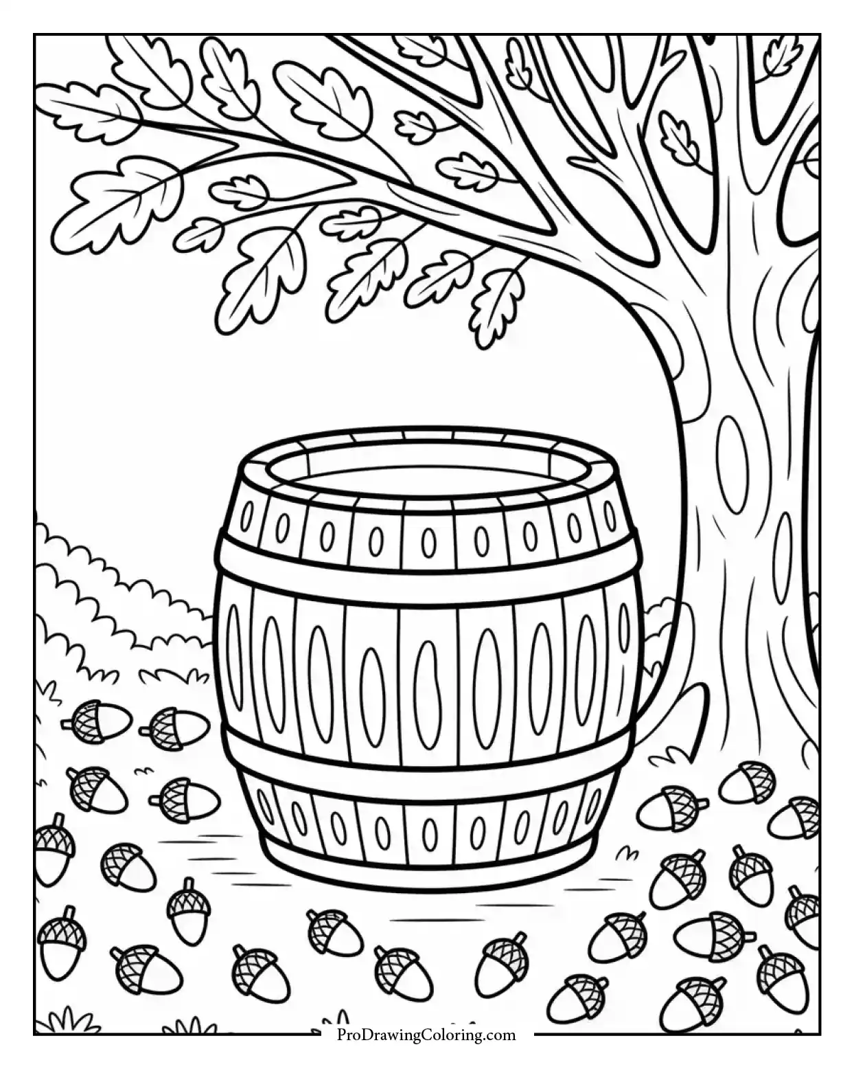 Joyful autumn-themed art with wooden barrel under a tree with scattered acorns.