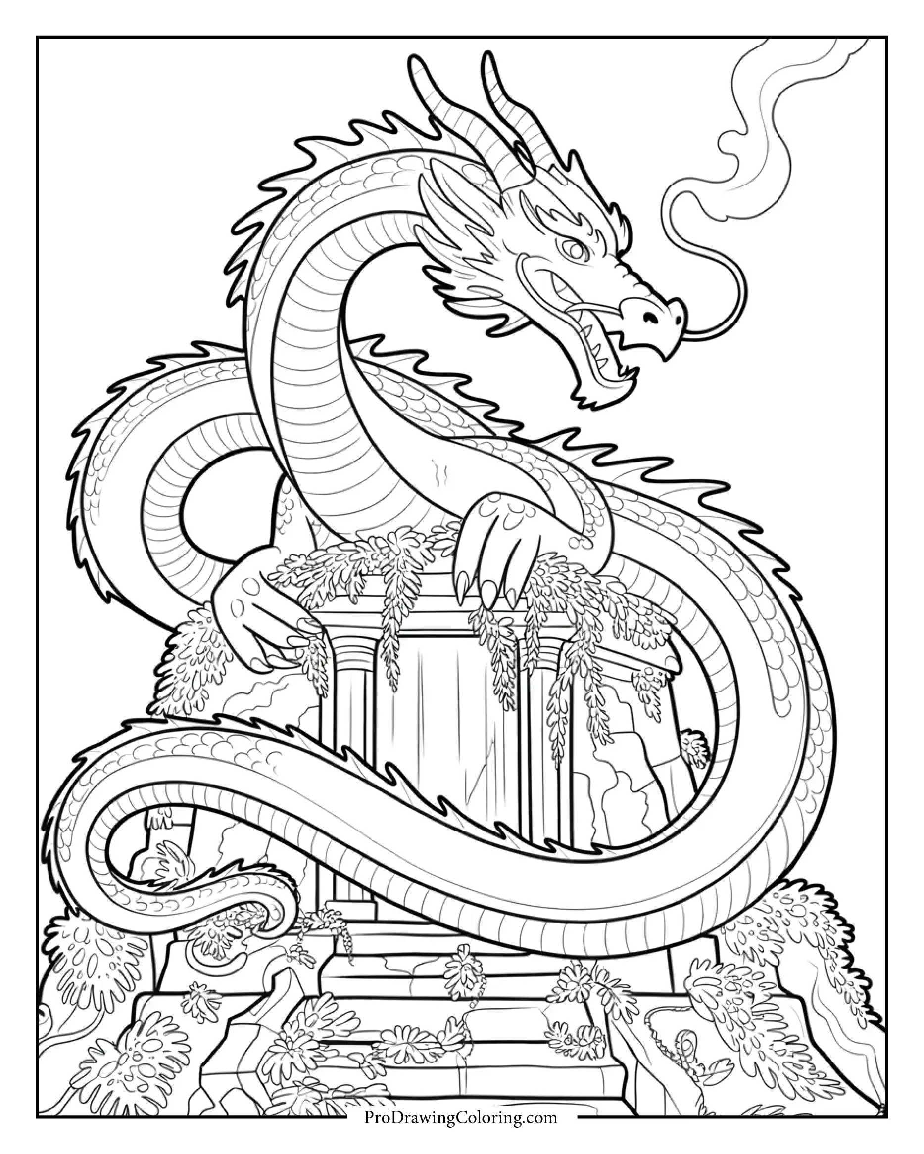 ancient dragon guardian coloring sheet Detailed sheet showing an ancient dragon guarding a stone temple, perfect for adult coloring enthusiasts