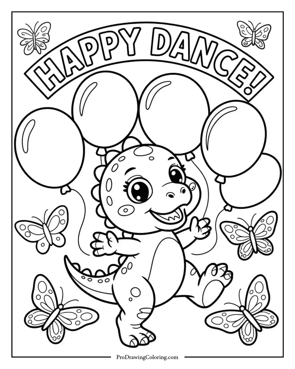 baby dino balloons coloring page Adorable baby dinosaur coloring page dancing with balloons and butterflies, great printable for preschoolers.