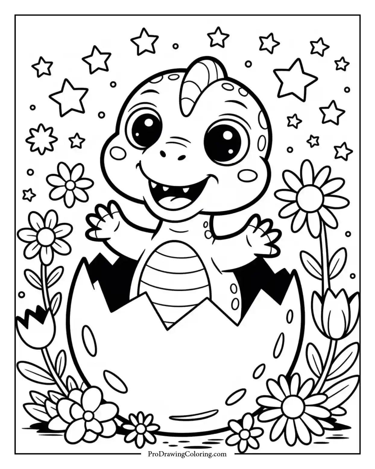 baby dino hatching egg coloring page Kawaii-style baby dinosaur coloring page hatching from an egg with flowers and stars, printable for kids.