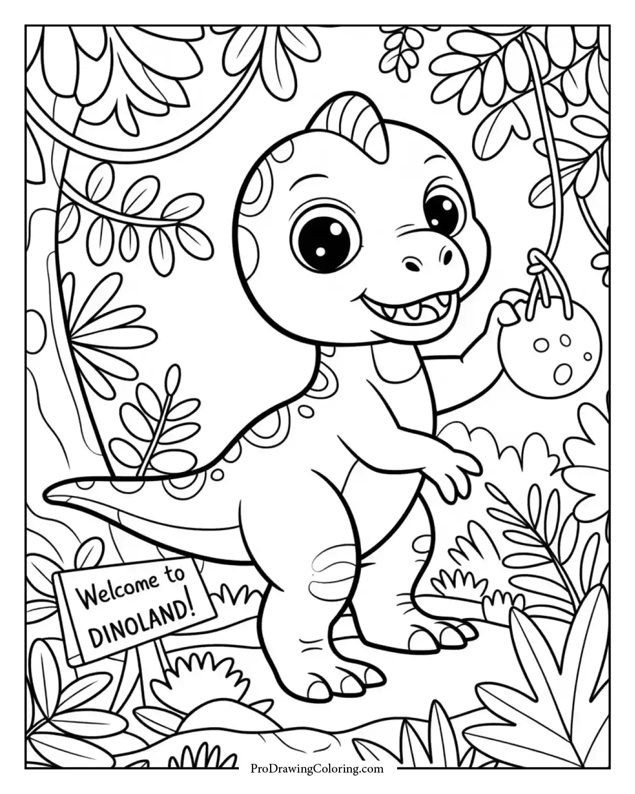 baby dino jungle coloring page Printable baby dinosaur coloring page in a prehistoric jungle background, fun and easy for young kids.