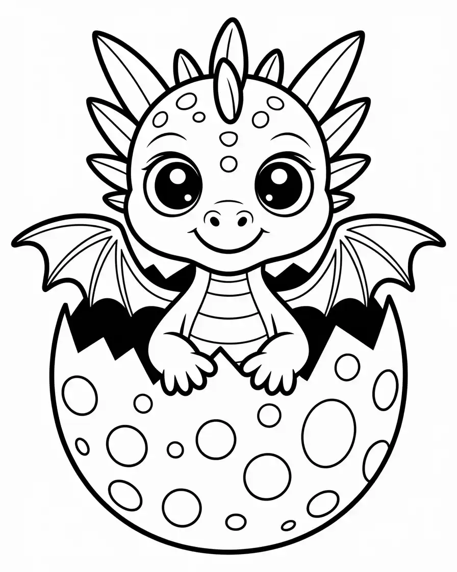 baby dragon in egg coloring page Printable coloring page of a baby dragon hatching from an egg, with big eyes and tiny wings, super fun to color