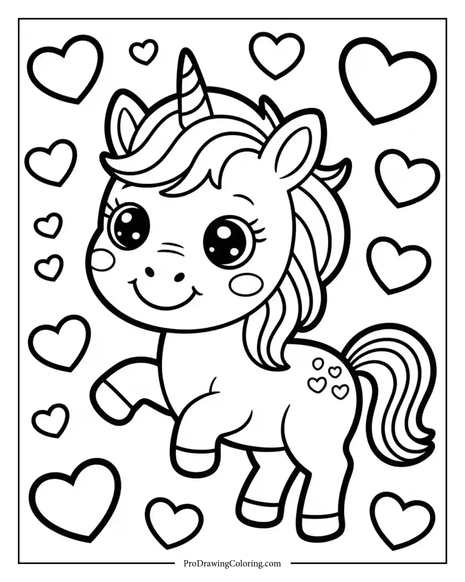 baby unicorn hearts coloring page Lovely baby unicorn coloring page surrounded by little hearts