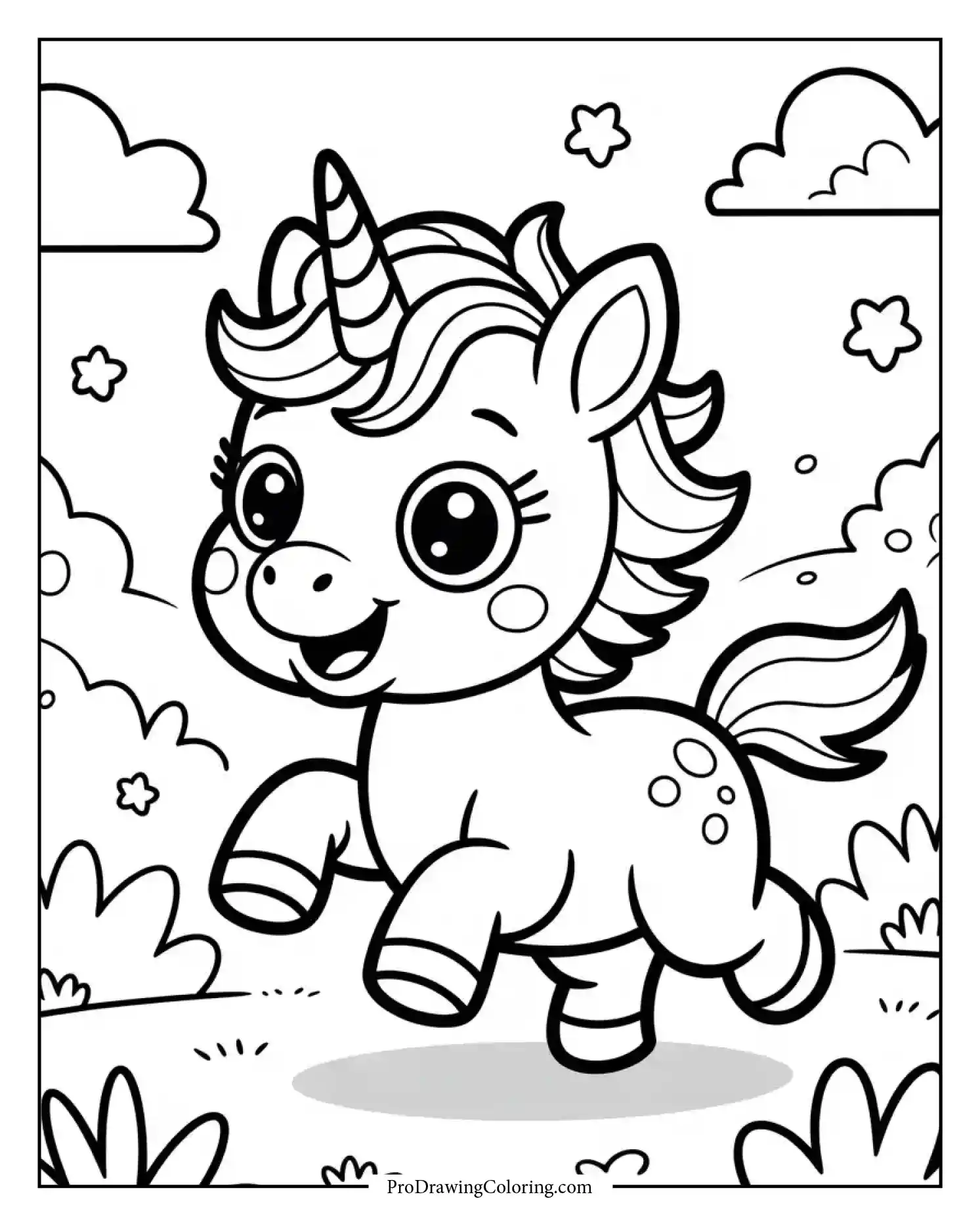 baby unicorn playing coloring page Cute baby unicorn coloring page featuring a unicorn playing joyfully