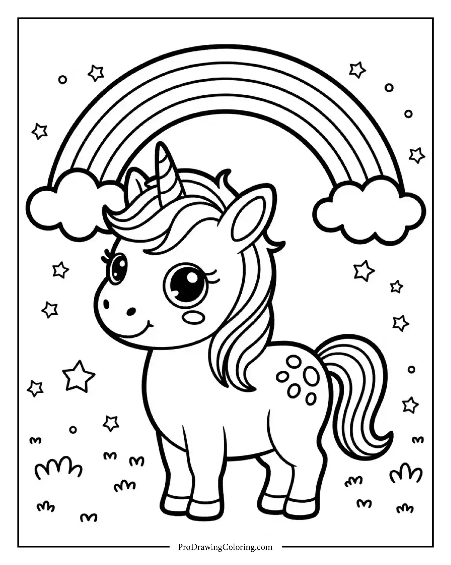baby unicorn rainbow coloring page Baby unicorn coloring page featuring a rainbow background for kids