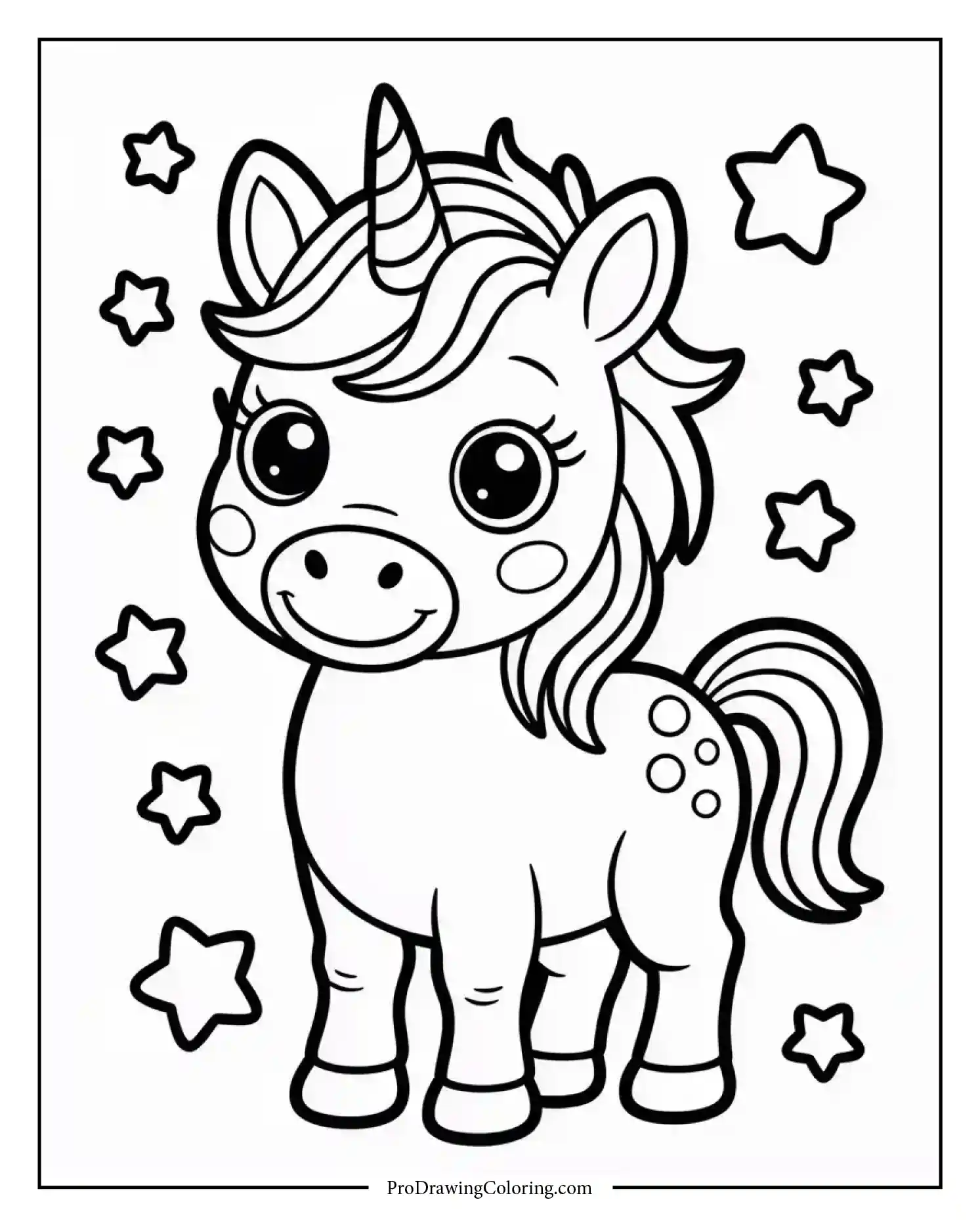 baby unicorn stars coloring page Magical baby unicorn coloring page surrounded by shining stars