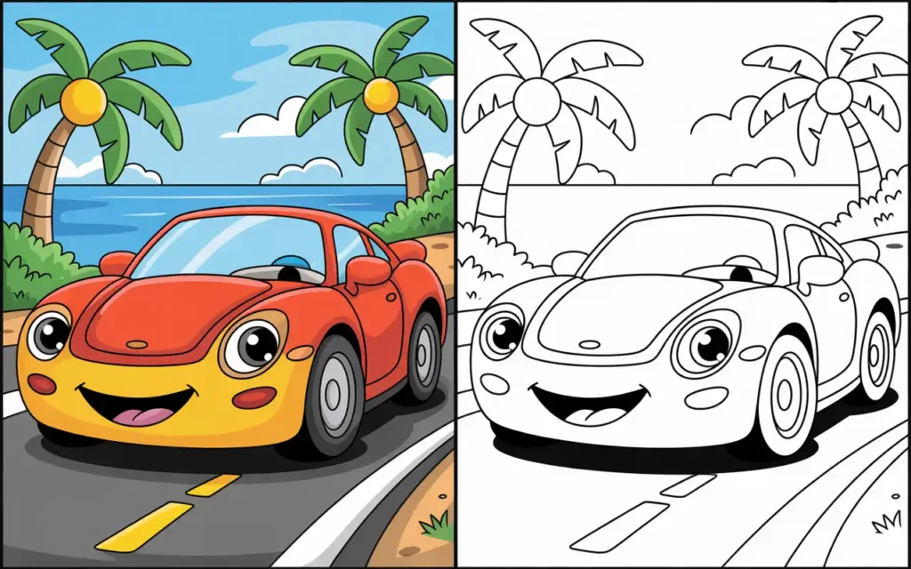 Smiling cartoon car driving along a tropical road with palm trees, featured in fun and free printable car coloring pages for kids and adults