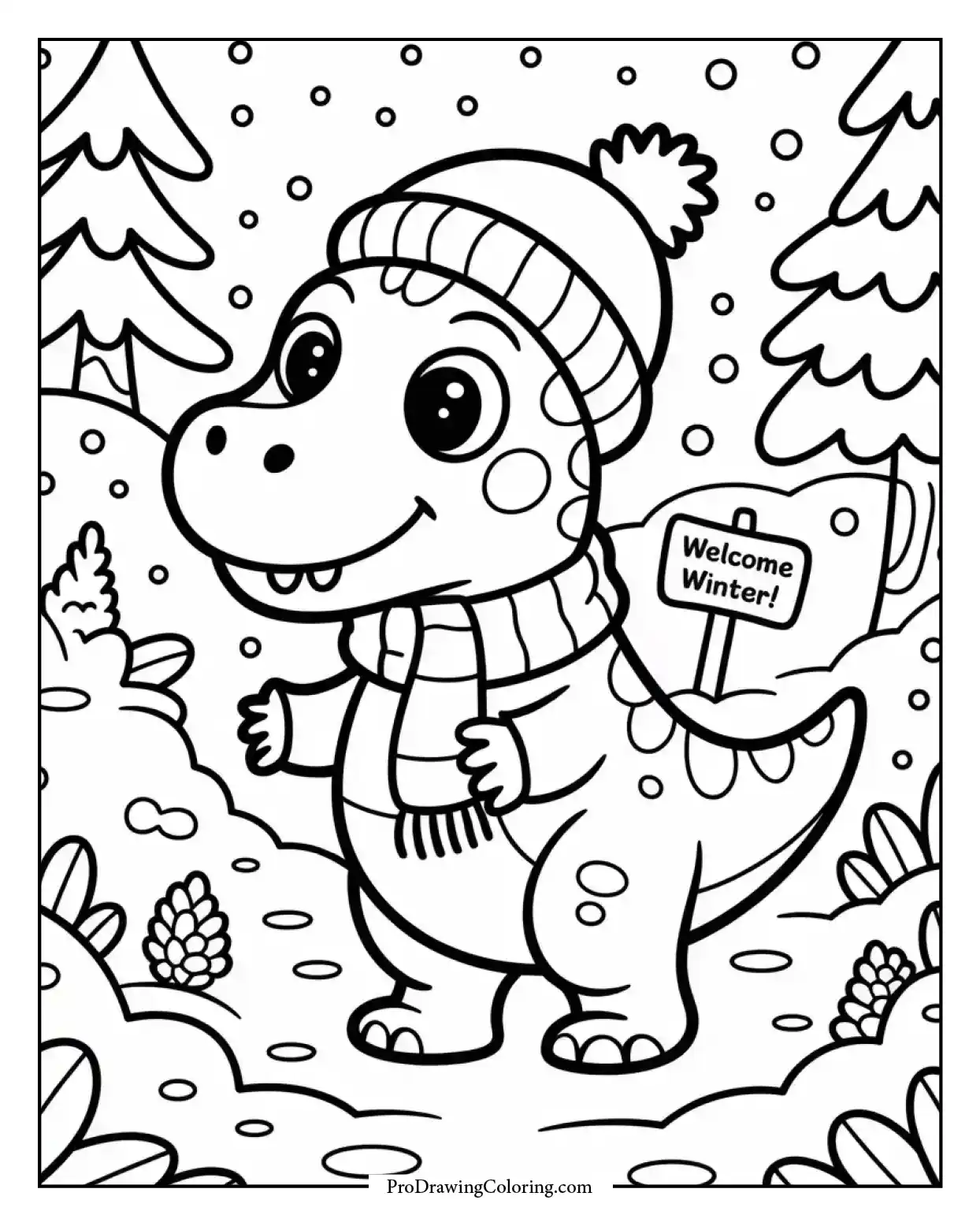 cartoon dino snowy forest coloring page Winter-themed cute dinosaur coloring page in a snowy forest, printable and fun for kids of all ages.