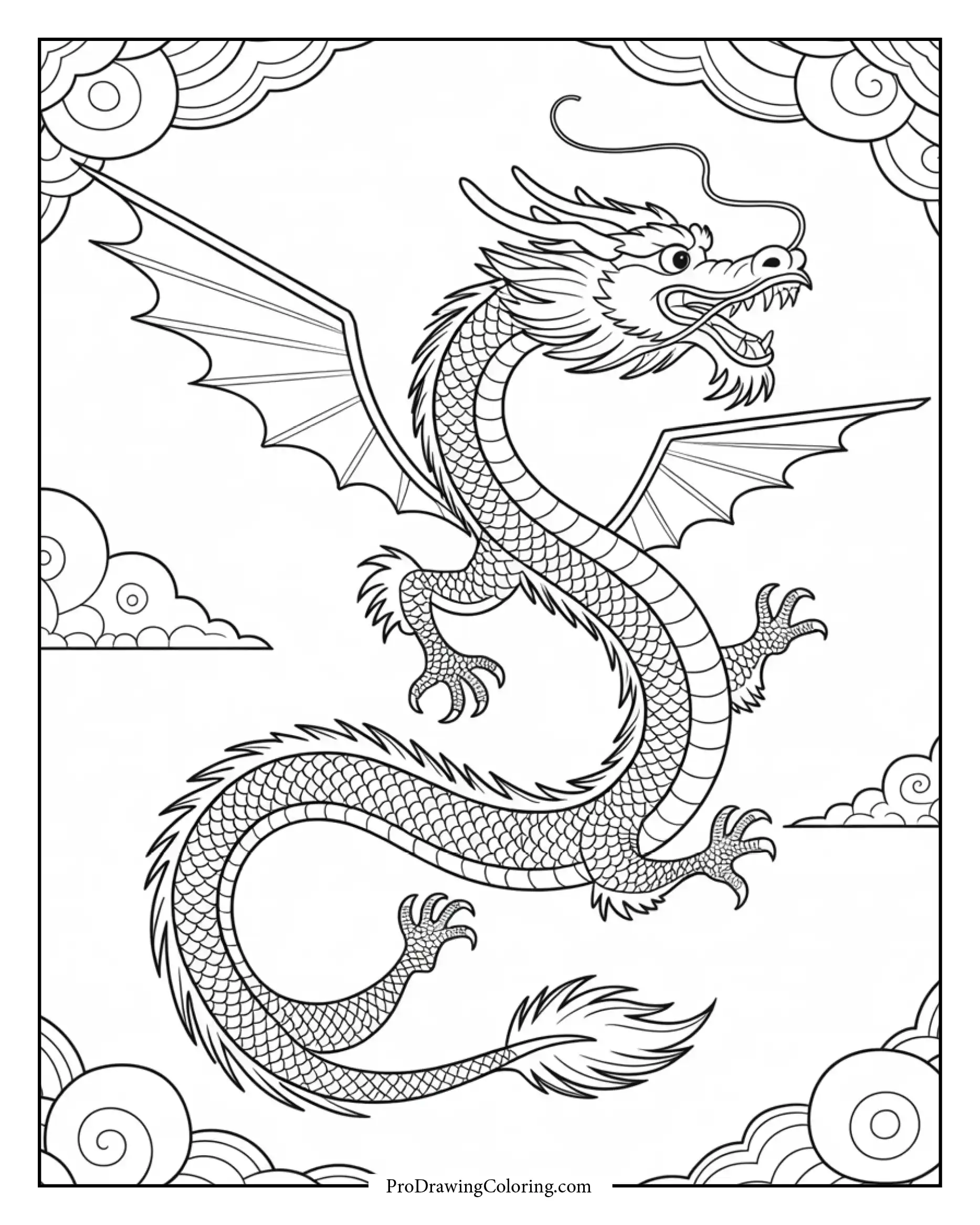 chinese cloud dragon coloring page Graceful adult Chinese dragon flying through clouds, printable coloring page with cultural elegance
