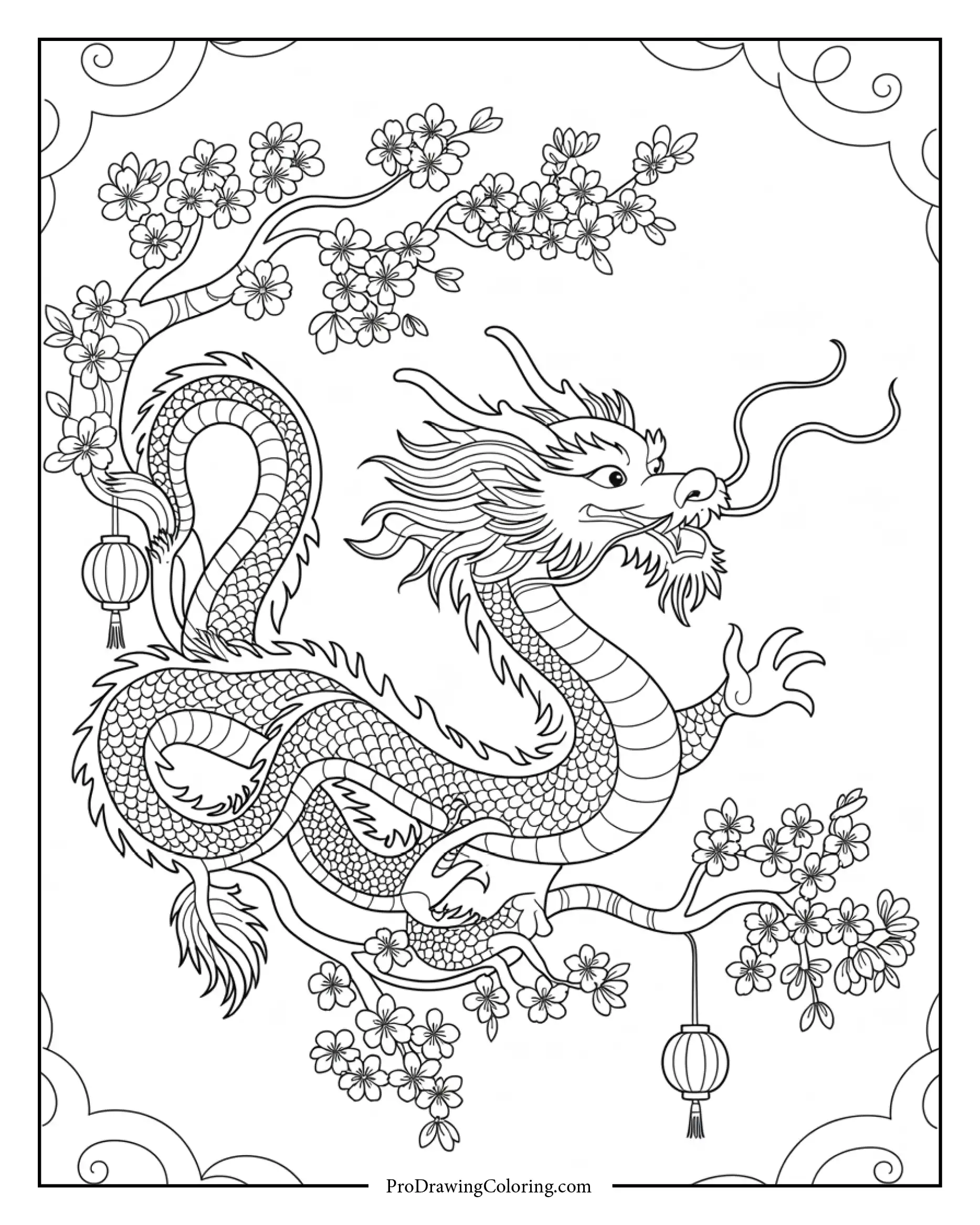 chinese dragon adult coloring page Elegant Chinese dragon with long whiskers and ornate scales, perfect for detailed adult coloring