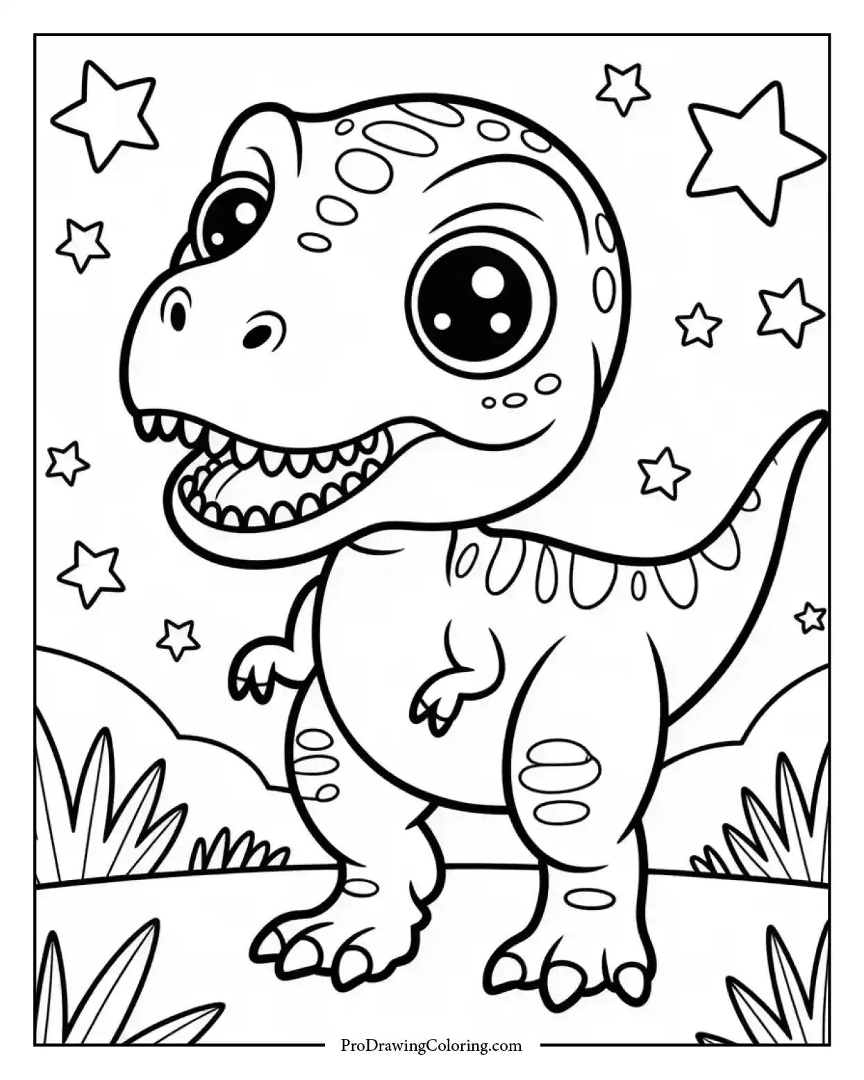 chubby baby trex stars coloring page Baby T-Rex dinosaur coloring page with big eyes and stars in the background, printable and fun for children.