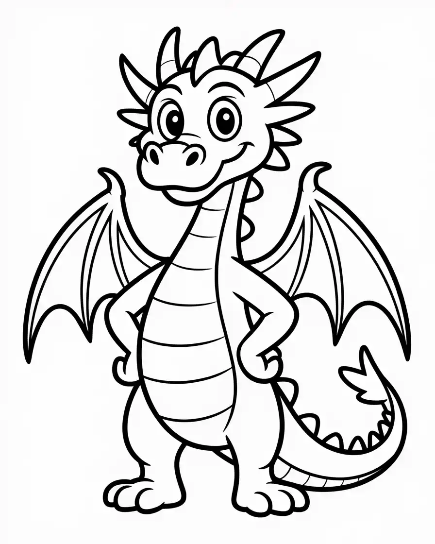 cool cartoon dragon coloring page Cartoon dragon standing confidently with a big smile and sharp but friendly features, great printable coloring fun