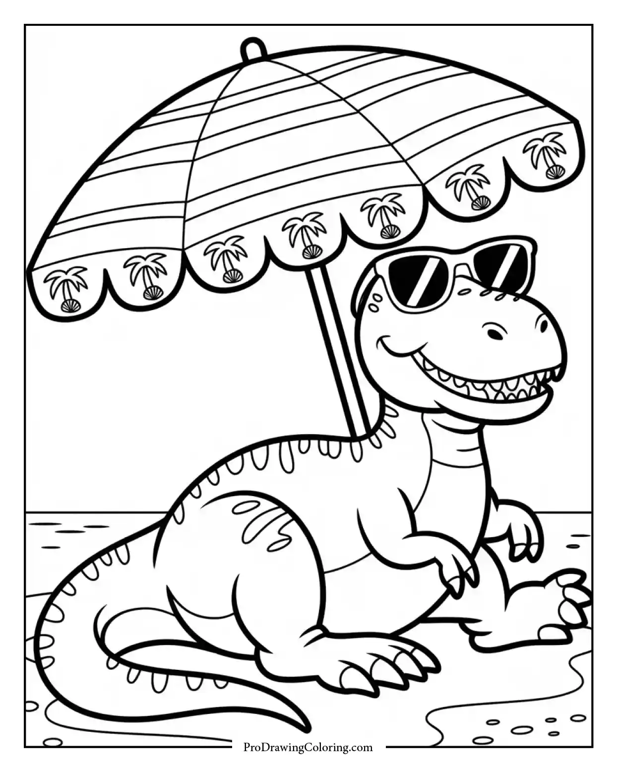 cool t rex beach umbrella coloring page Stylish T-Rex dinosaur coloring page chilling under a beach umbrella with sunglasses, printable for kids.