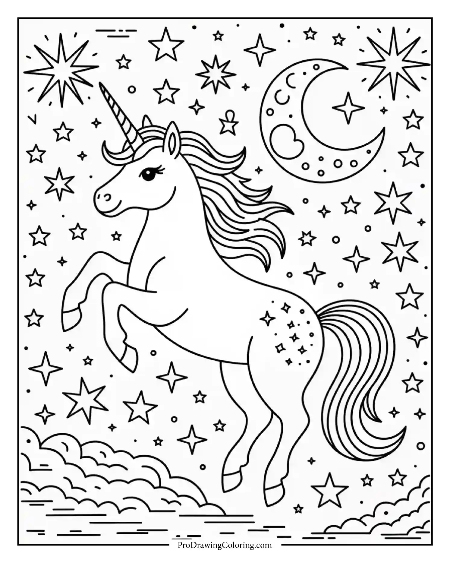 cosmic unicorn coloring page adults Cosmic unicorn coloring page for adults featuring stars and celestial designs