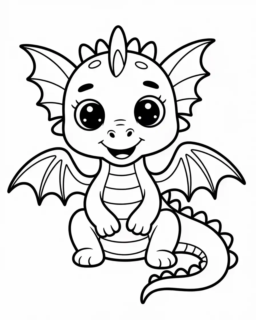 cute baby dragon coloring page Printable coloring page of a cute baby dragon sitting and smiling with tiny wings and big eyes, perfect for kids