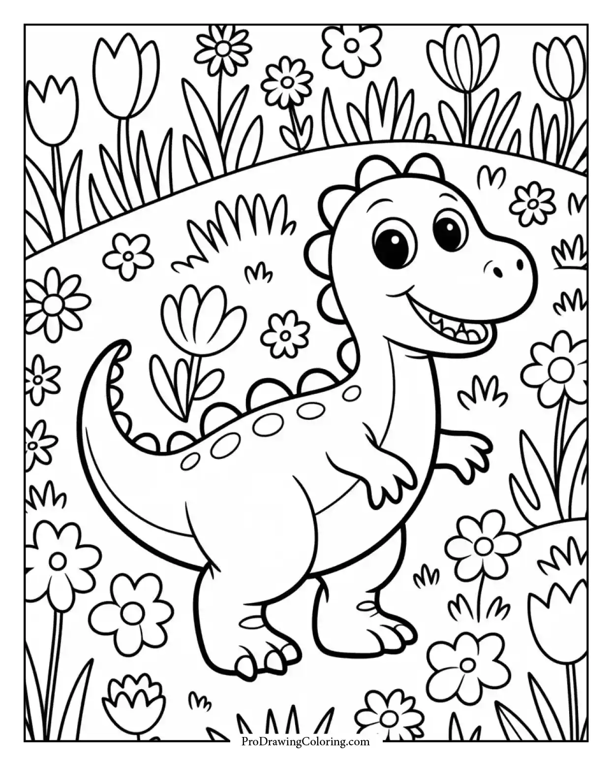 cute dinosaur flower meadow coloring page Cute dinosaur coloring page with flowers and grass in a spring meadow, perfect for kids to print and color.