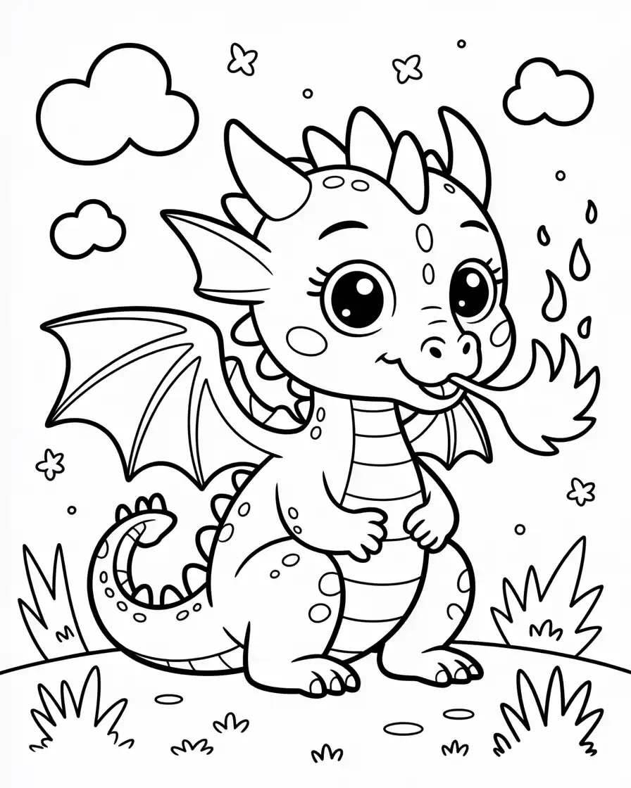 cute dragon blowing fire coloring page Cute baby dragon blowing a small puff of fire, printable coloring sheet with charming and safe fantasy vibes