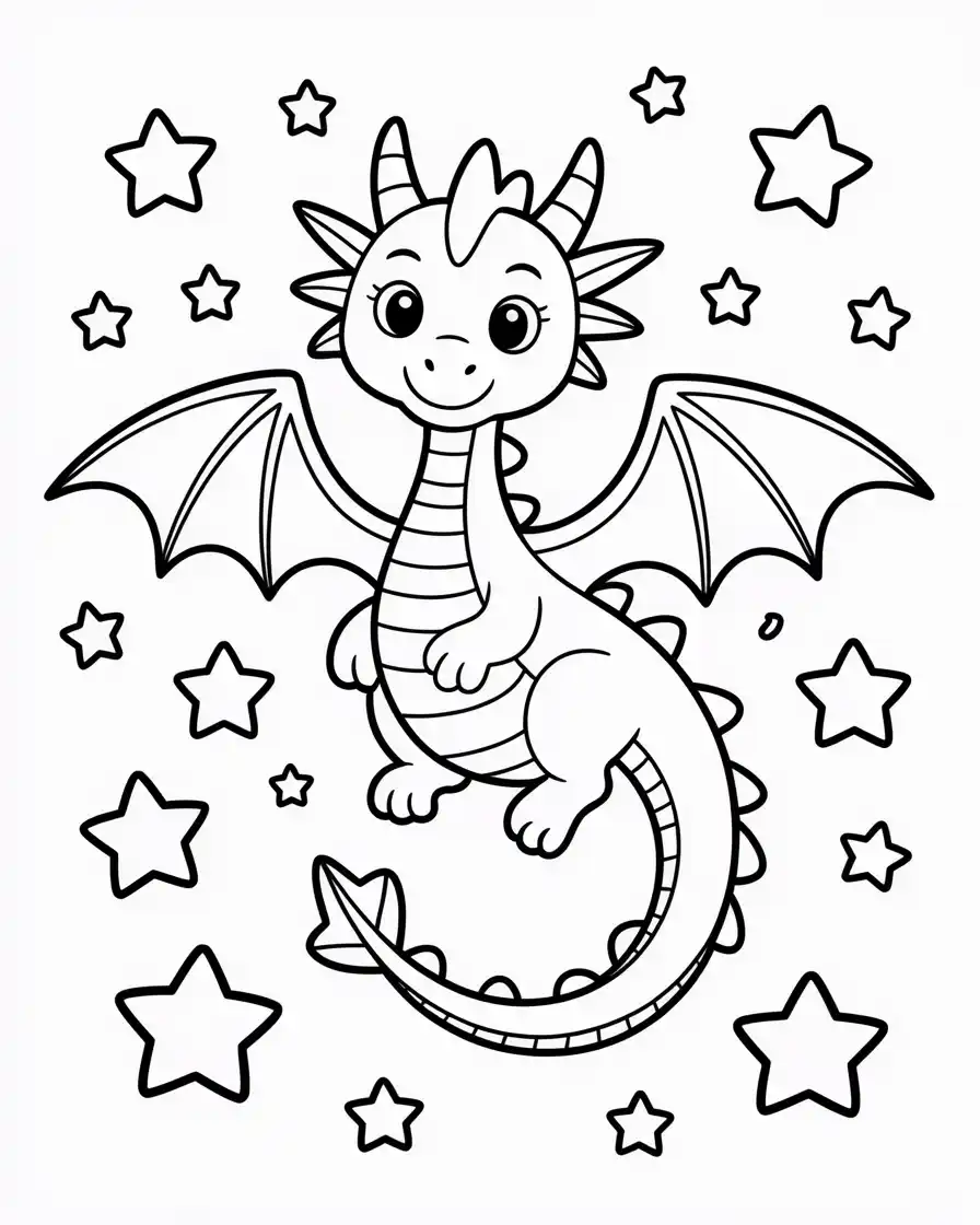 cute dragon with stars coloring page Adorable dragon floating among stars, perfect easy coloring page for kids who love fantasy creatures