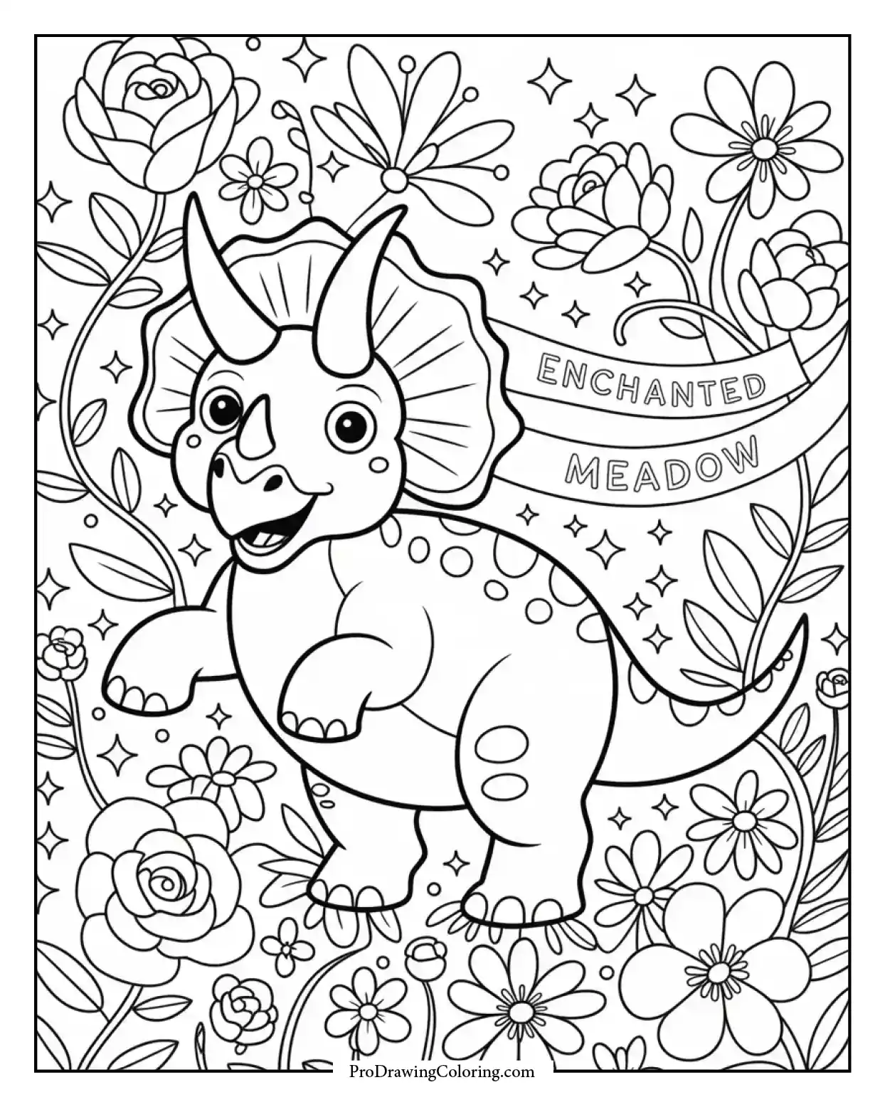 cute triceratops magic garden coloring page Cute triceratops dinosaur coloring page in a magical garden with flowers and sparkles, perfect for children.