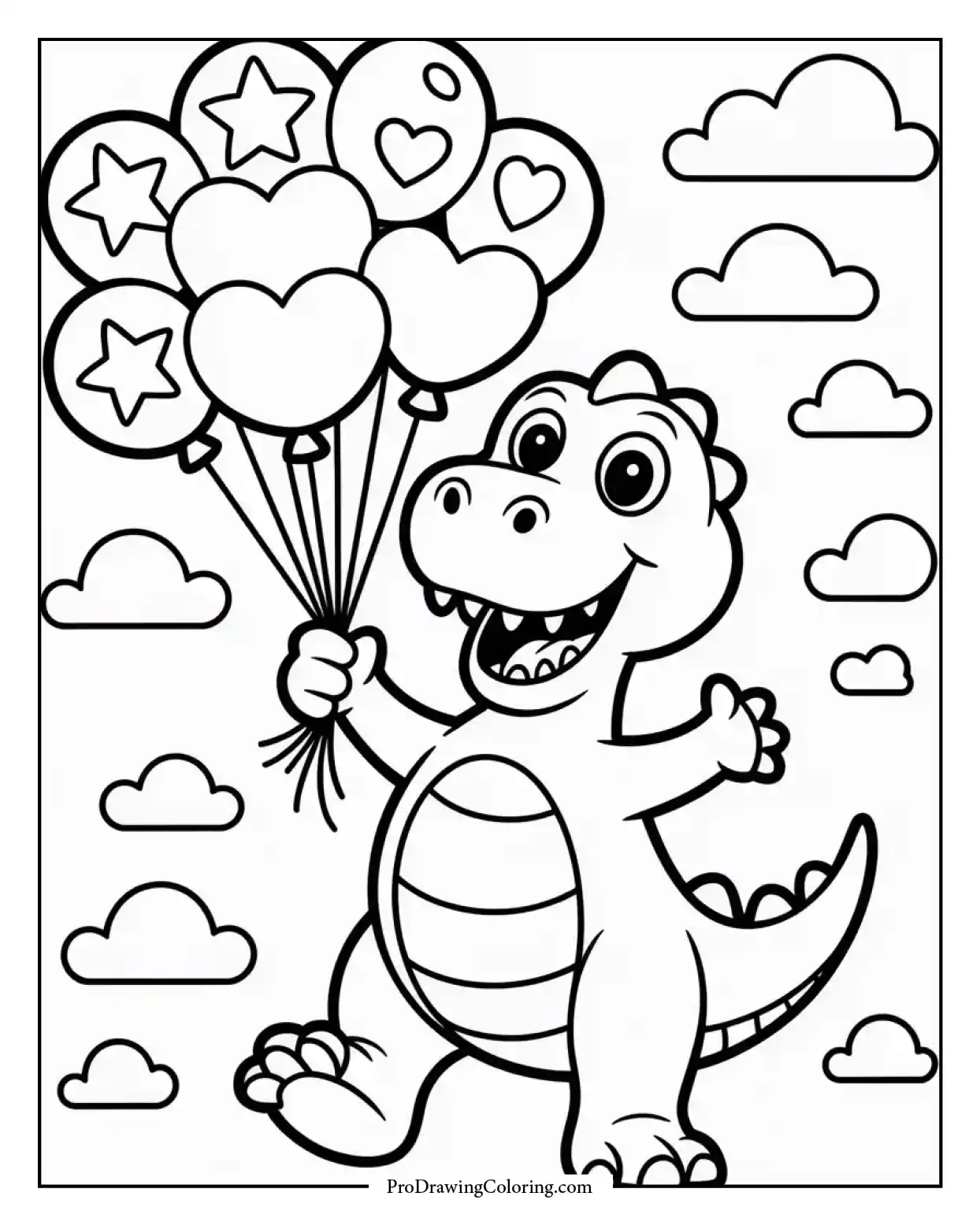 dinosaur balloons sky coloring page Fun dinosaur coloring page with balloons floating in the sky, printable for kids who love cute dinos.