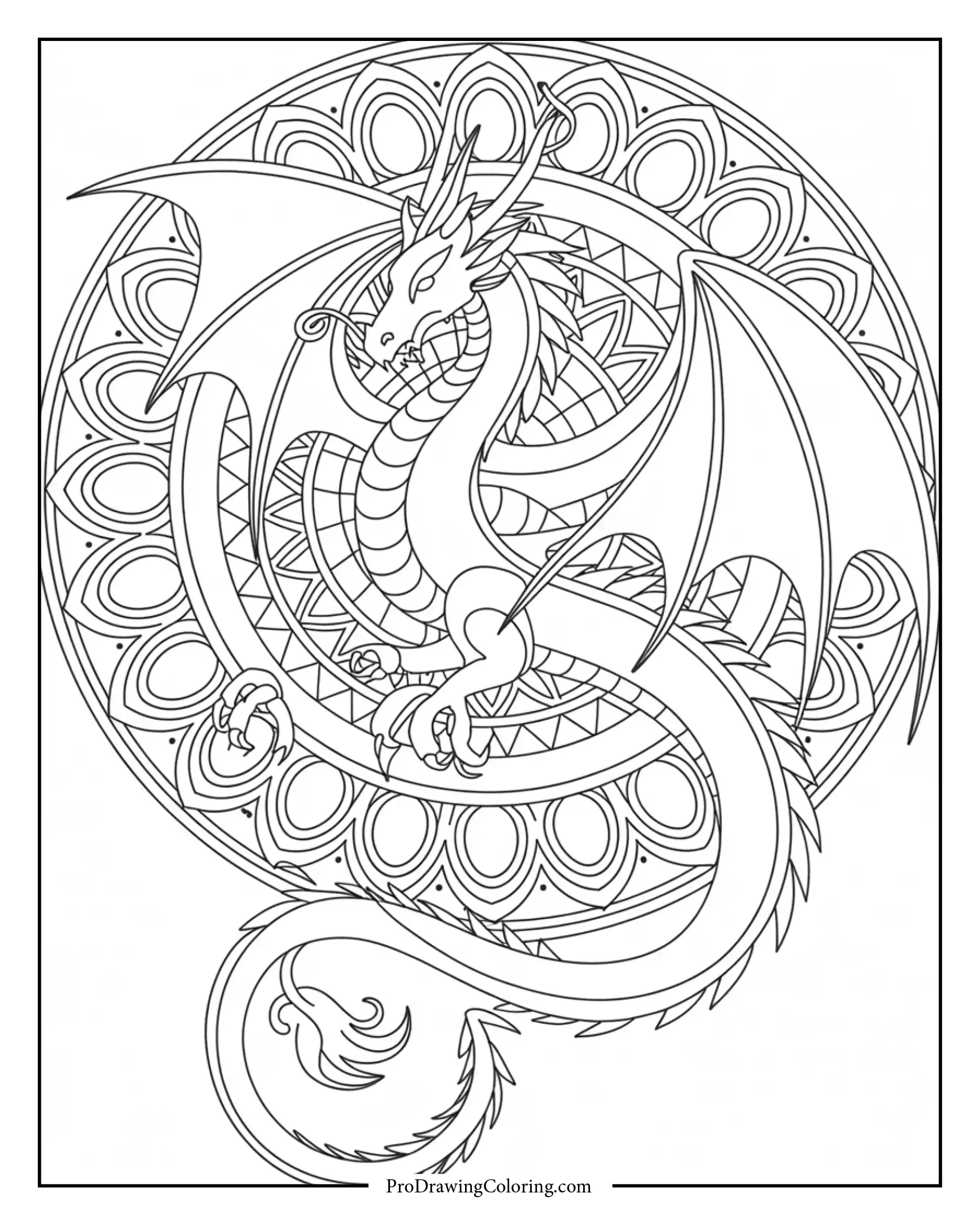 dragon mandala coloring page Printable coloring page of a dragon combined with intricate mandala patterns, ideal for adult relaxation