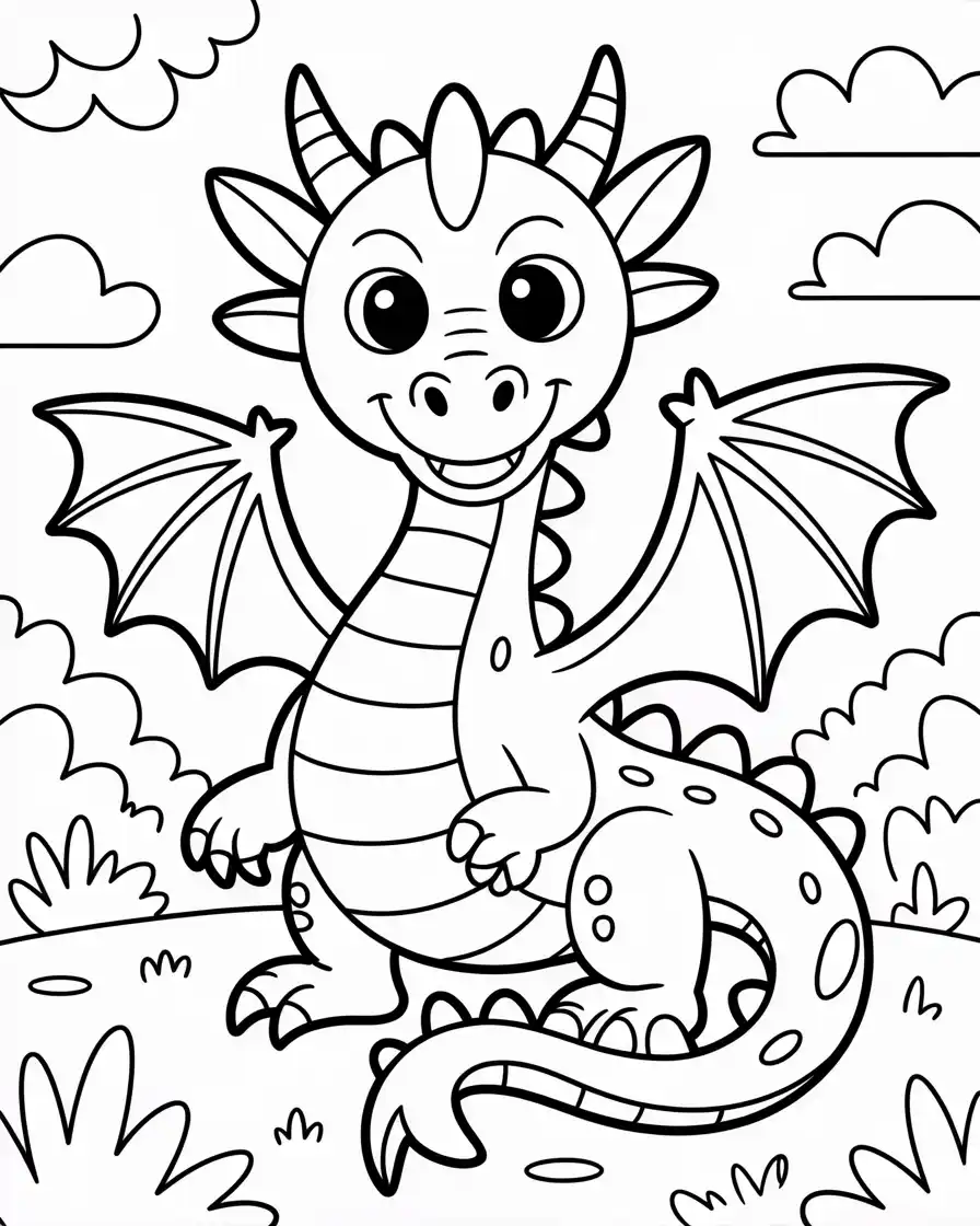 easy cute dragon coloring sheet Free easy dragon coloring sheet featuring a cartoon-style cute dragon with bold outlines, great for young kids