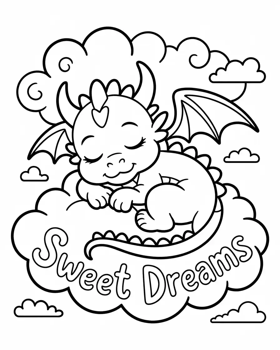 easy sleeping dragon coloring sheet Cute sleeping dragon curled up on a cloud, an easy and calming coloring sheet for younger kids