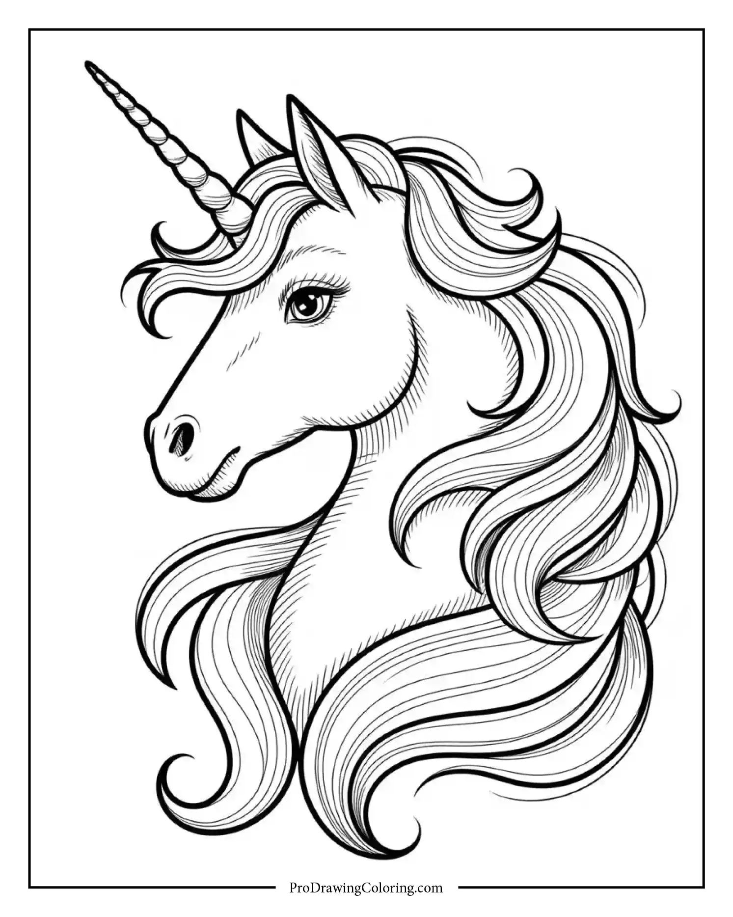 elegant unicorn coloring page adults Elegant unicorn coloring page for adults featuring a detailed portrait with flowing mane
