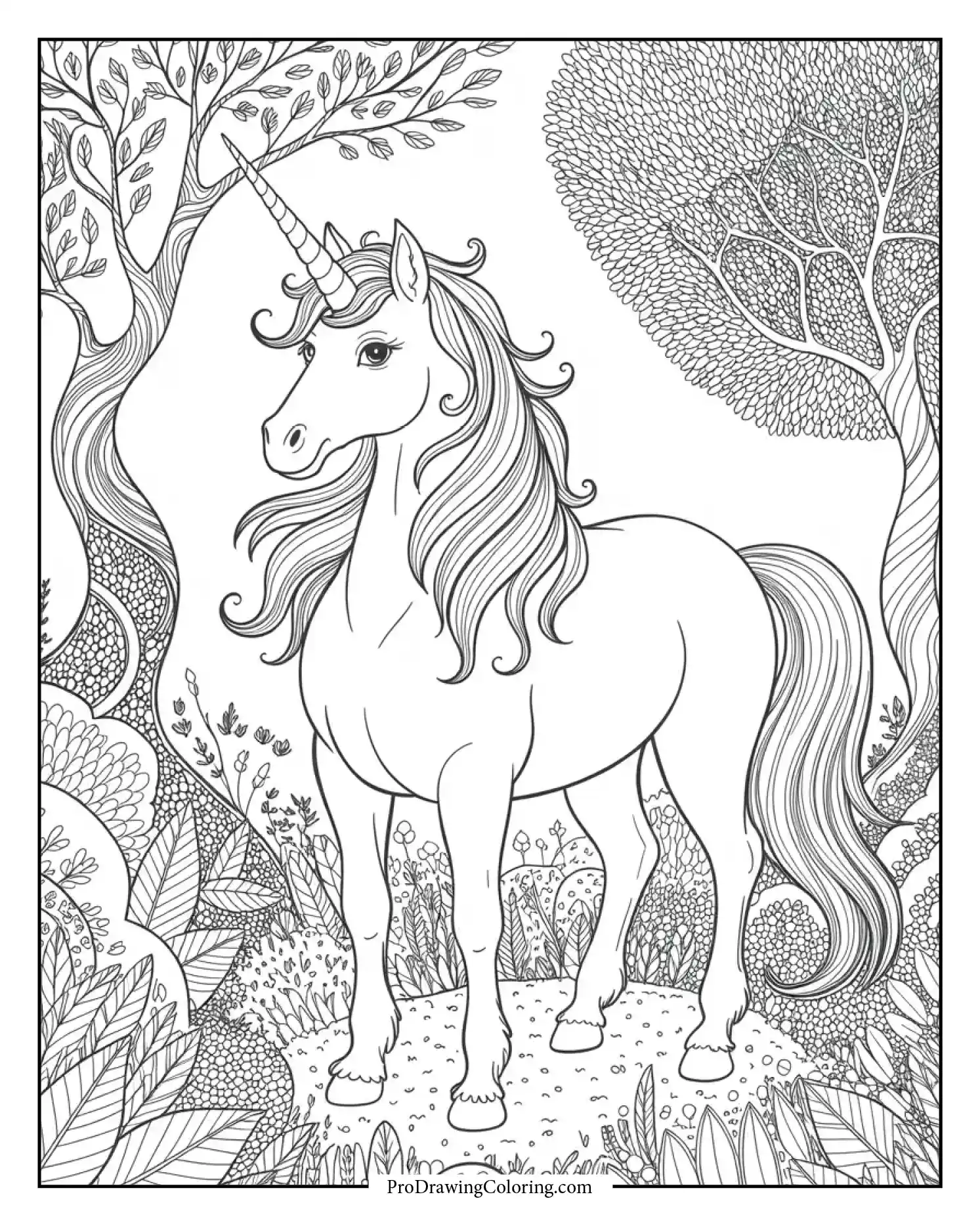 fantasy unicorn forest coloring page adults Fantasy unicorn coloring page for adults with a forest background and detailed trees