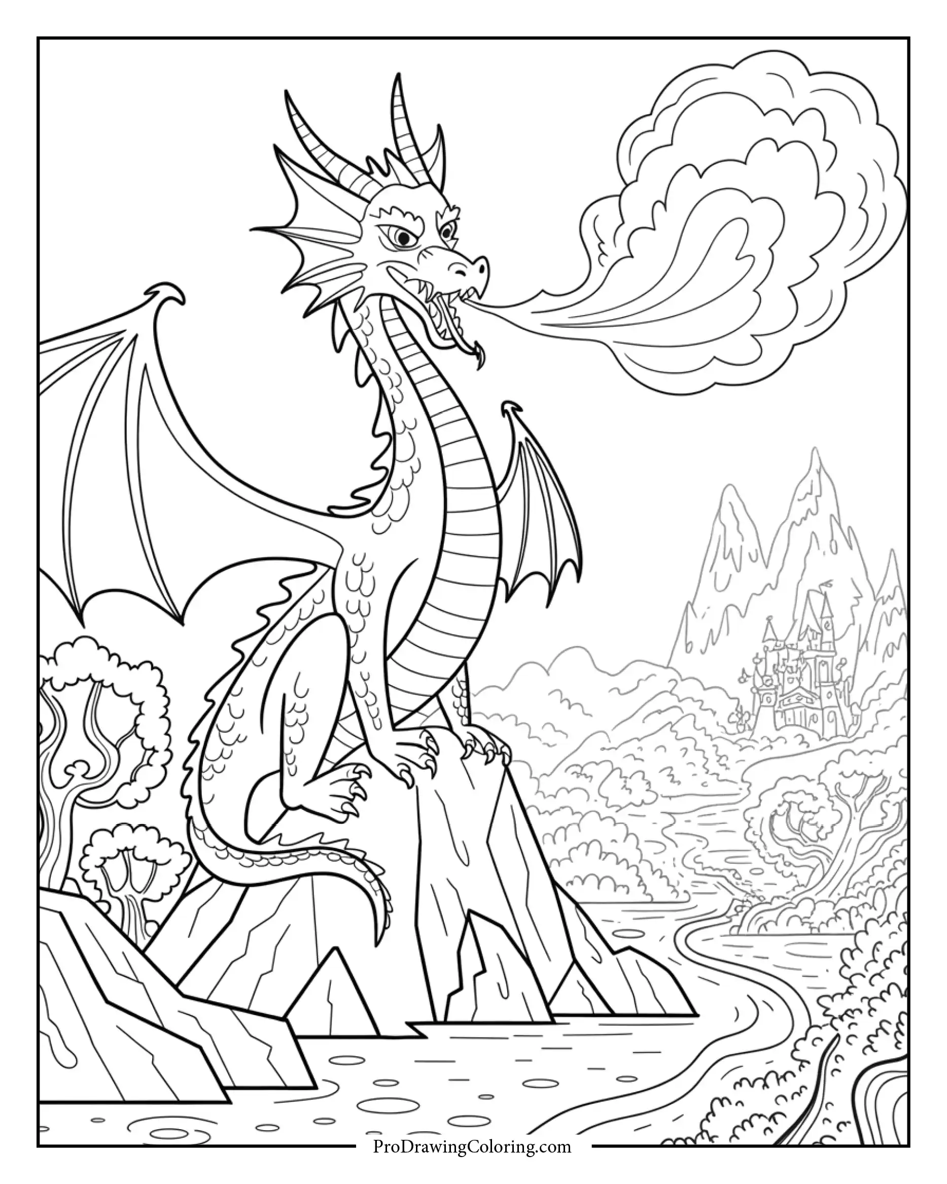 fire breathing dragon coloring sheet Free printable sheet featuring a fierce adult dragon breathing fire in a fantasy landscape