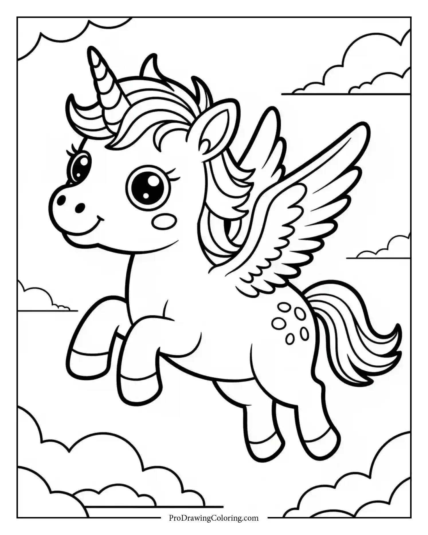 flying baby unicorn coloring page Charming baby unicorn coloring page with a unicorn flying with small wings