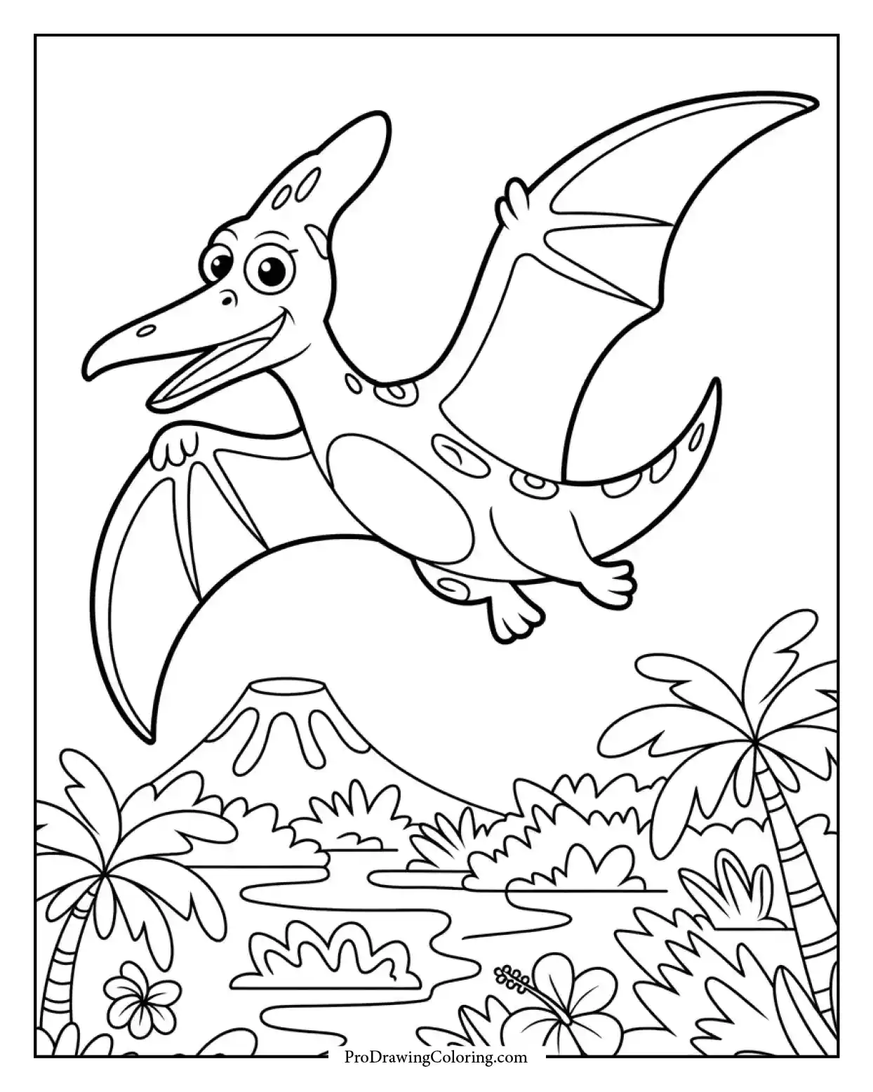 flying pterodactyl sky coloring page Cartoon pterodactyl coloring page flying above a tropical landscape, cute and easy to color for kids.