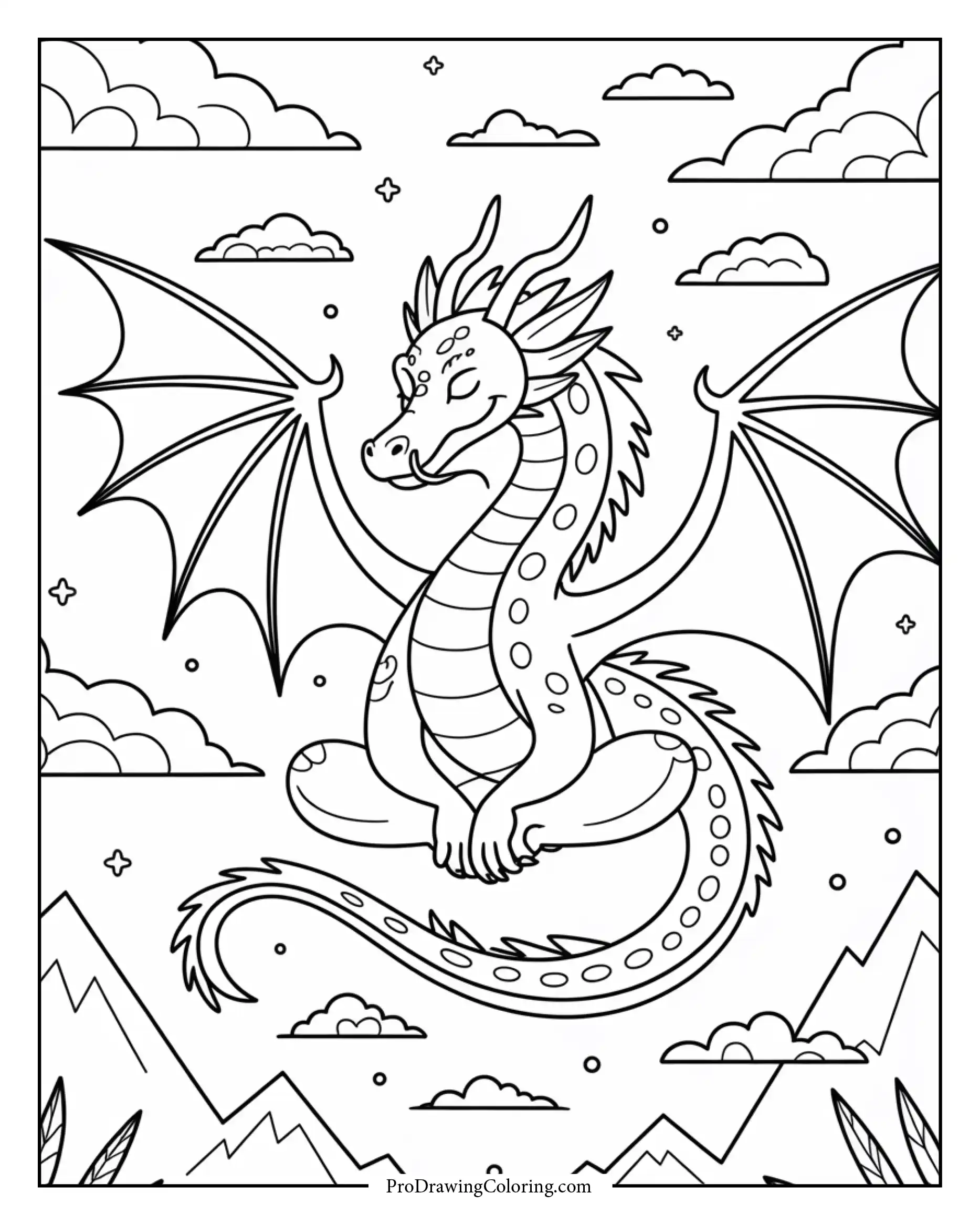 free zen dragon coloring page Peaceful adult dragon in a zen pose surrounded by clouds and mountains, printable and meditative