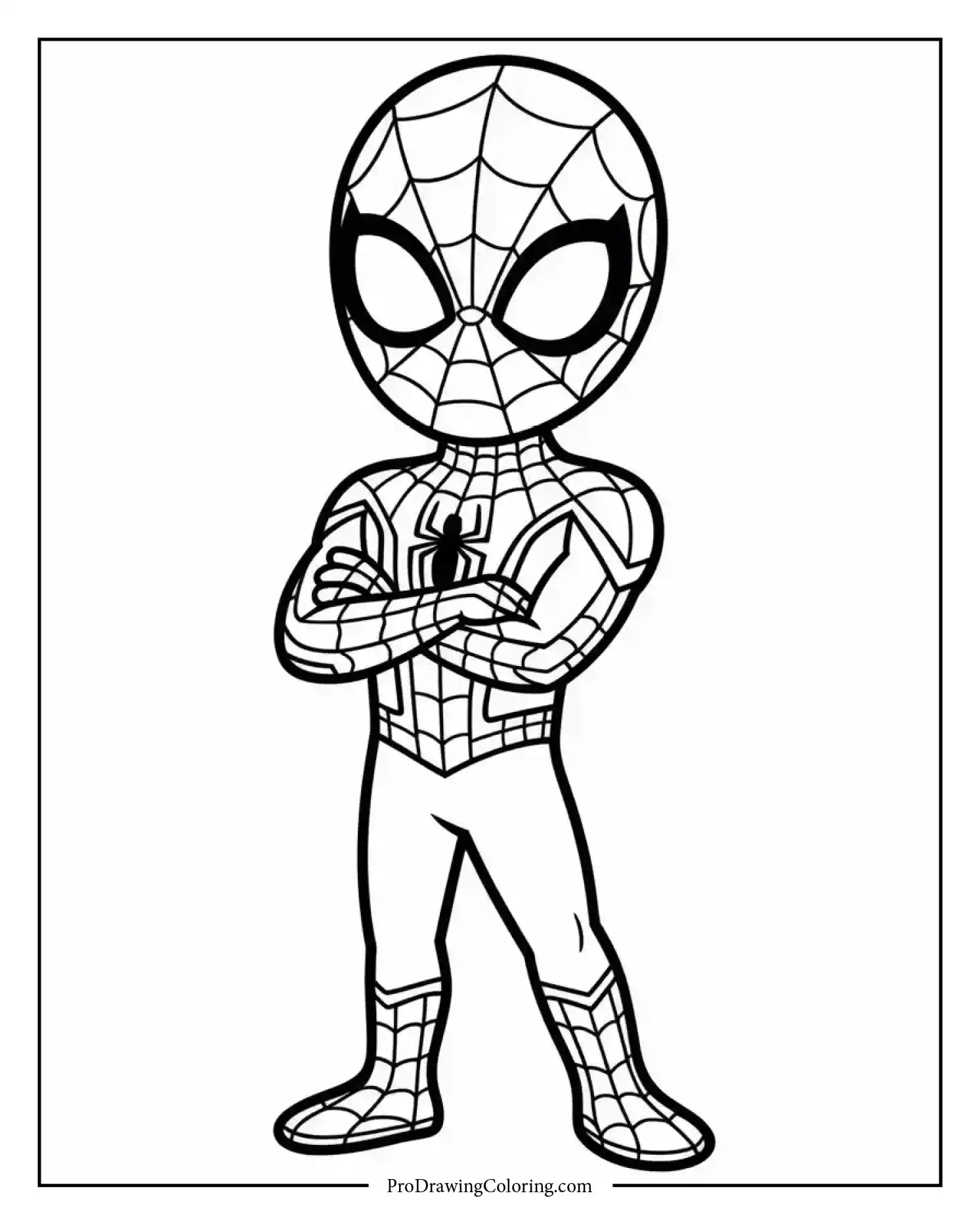 friendly spiderman coloring page Friendly Spiderman with arms crossed and smiling, kids coloring page illustration.