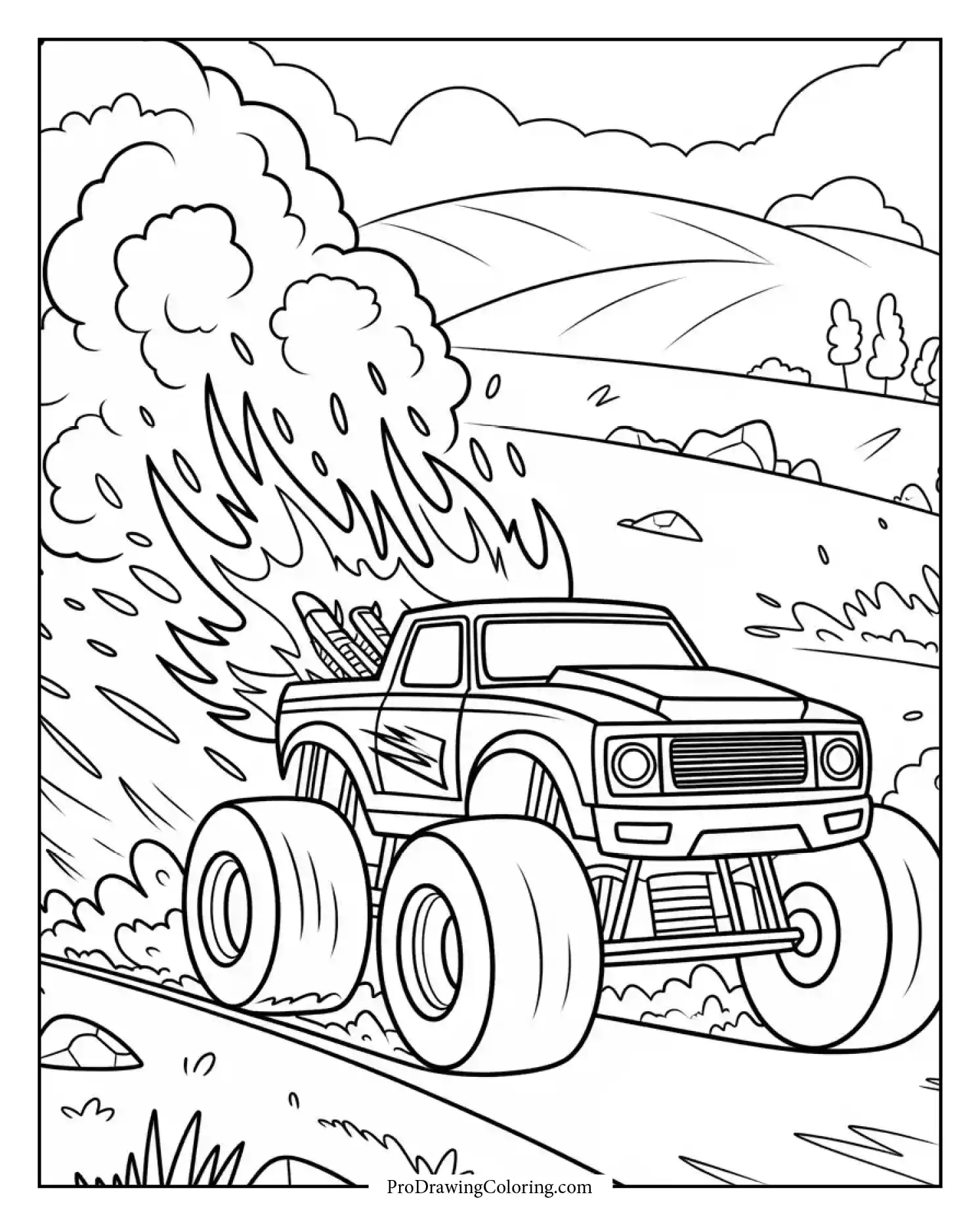 Grave Digger monster truck roaring with flames and smoke in background, powerful coloring page