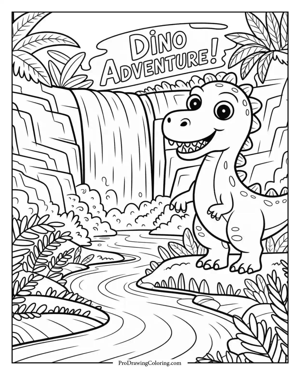 happy dino waterfall coloring page Free printable dinosaur coloring page showing a cute dino near a waterfall and river, ideal for preschoolers.