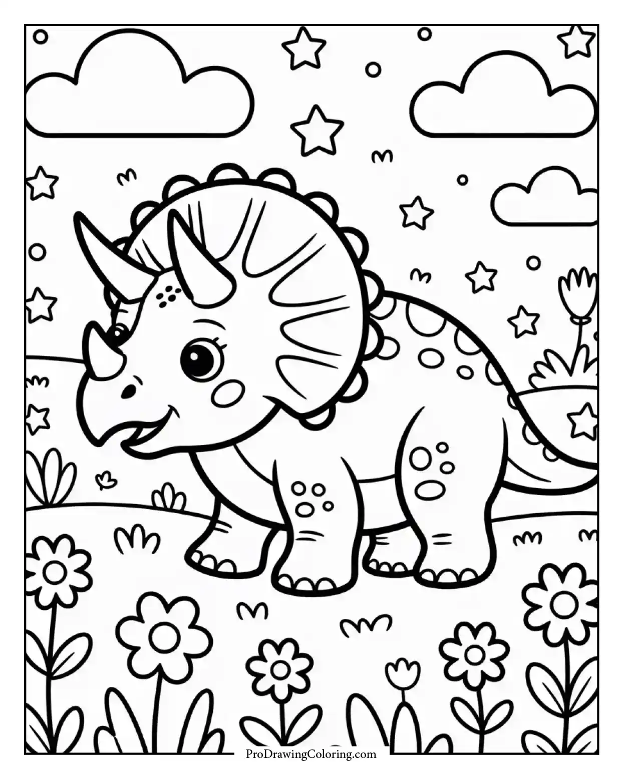 happy triceratops magical meadow coloring page Cute triceratops dinosaur coloring page with stars and flowers in a magical meadow, perfect for kids to print and color.