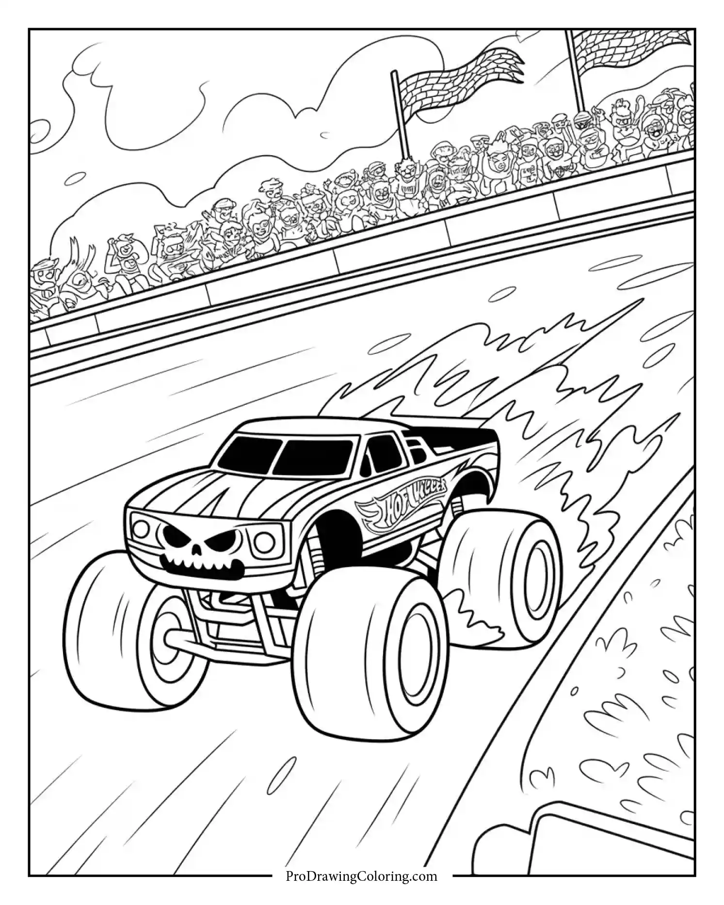 Hot Wheels monster truck racing on track, fun and easy coloring page