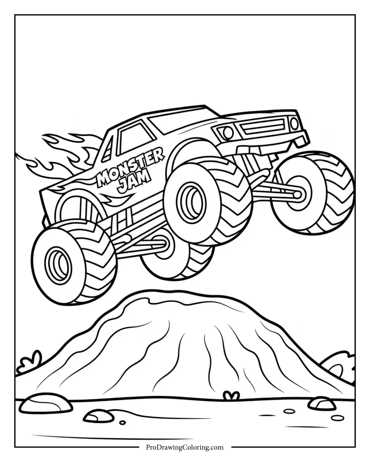 Monster Jam truck simple version coloring page, bold lines and easy design for kids