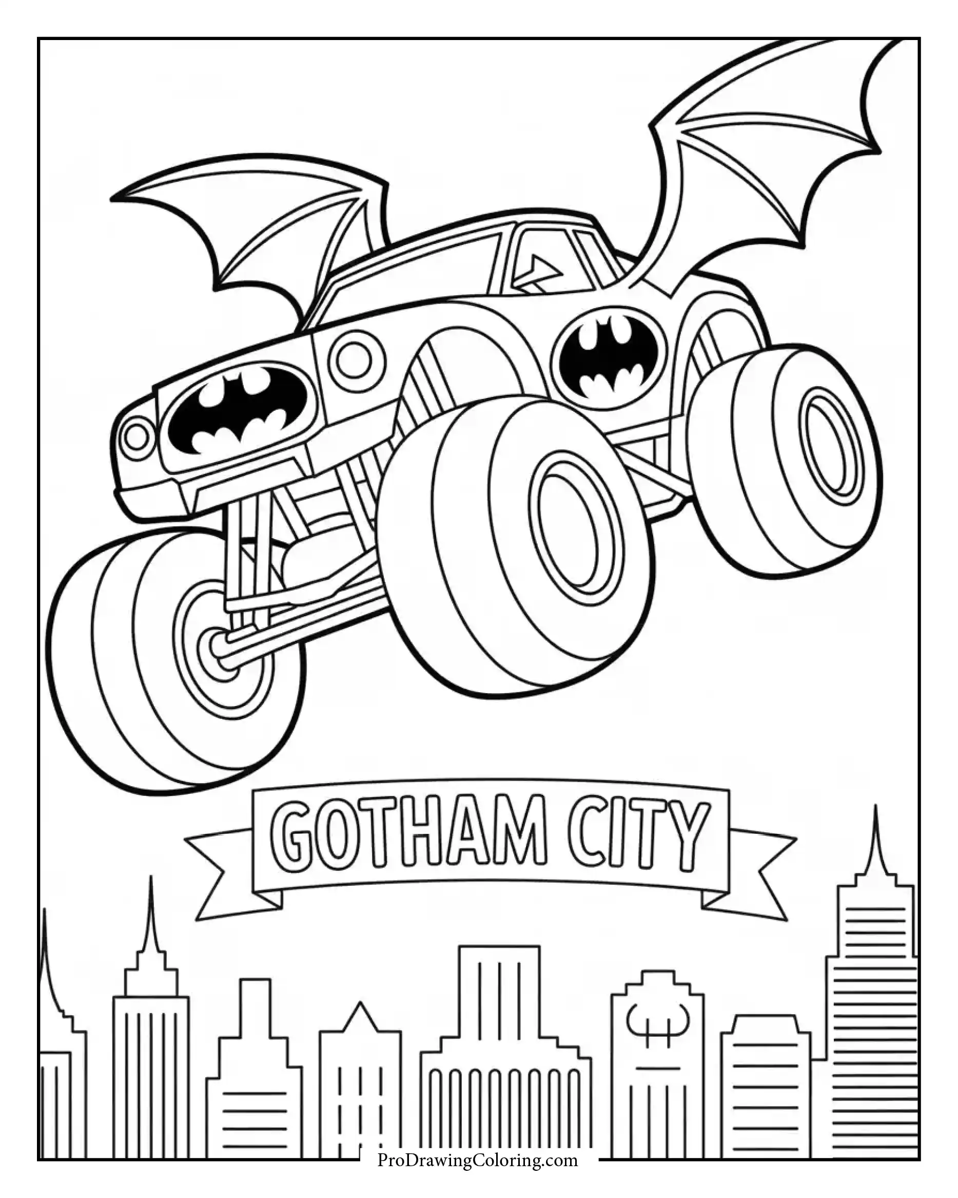 Batman monster truck with bat wings and Gotham city background, cool coloring page