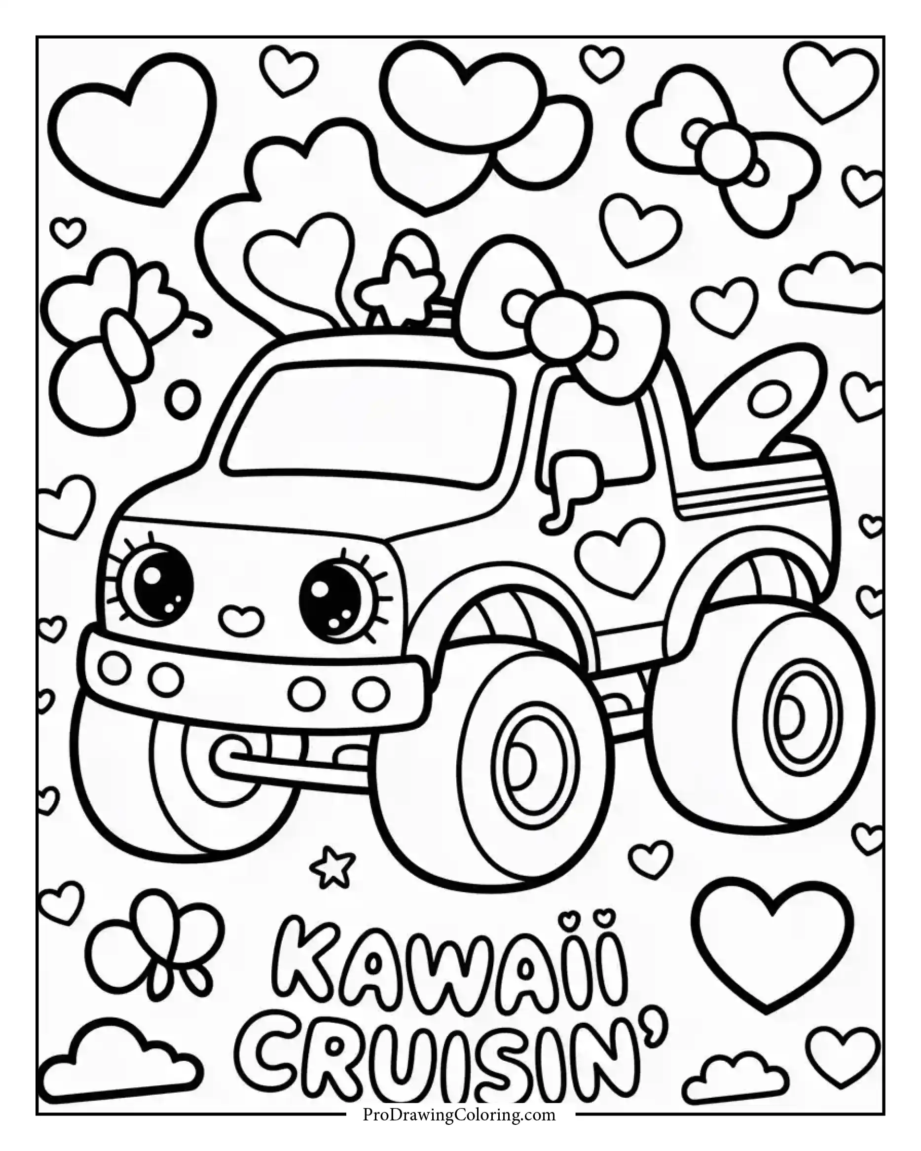 Hello Kitty themed monster truck with cute bows and hearts, simple background coloring page
