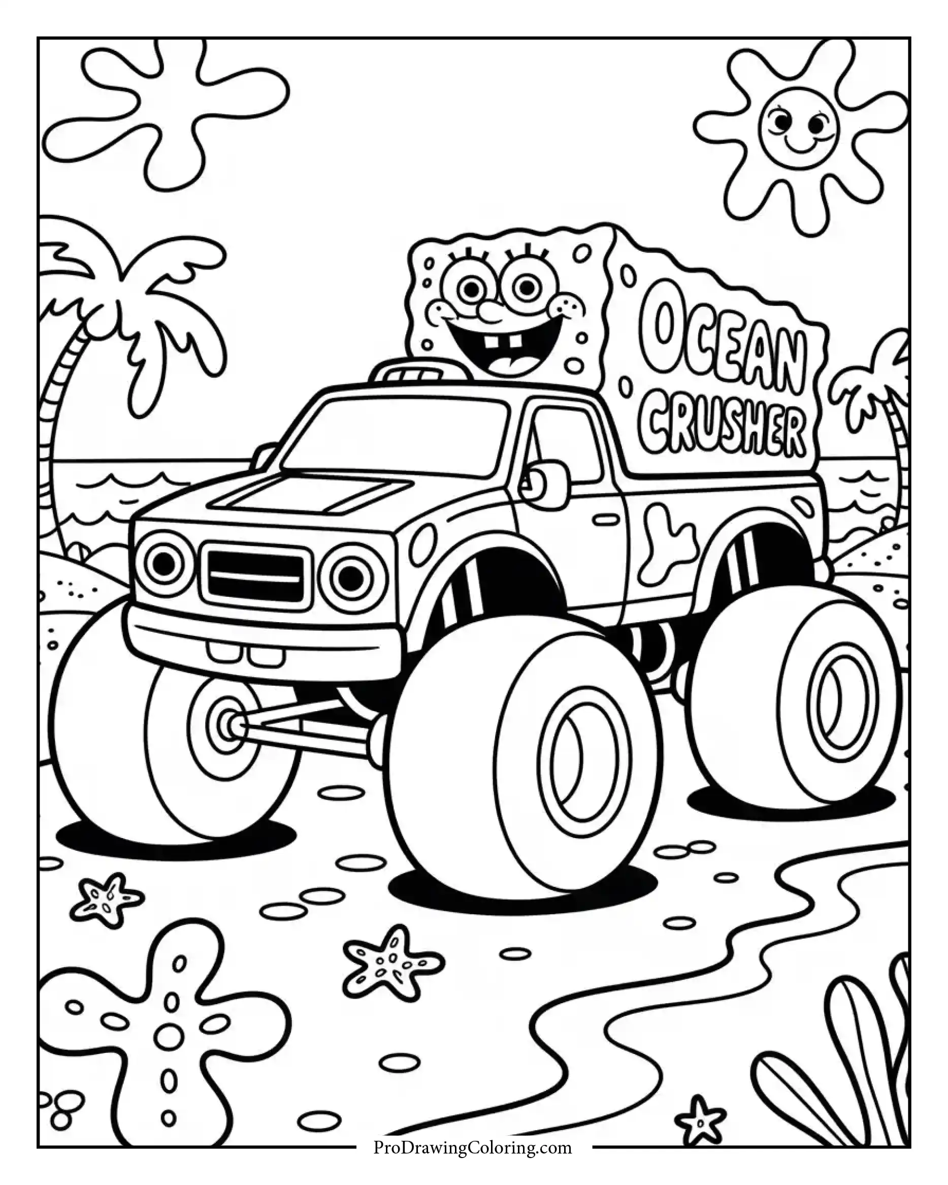 Spongebob themed monster truck with smiling face and ocean background